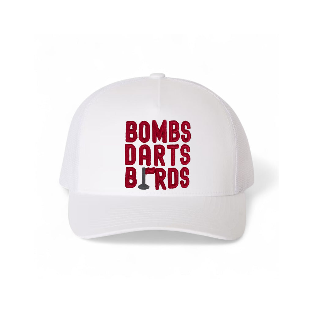 Alabama Bombs Darts Birds Fandom + Golf Caps - White Trucker Hat/Red - Bombs Darts Birds