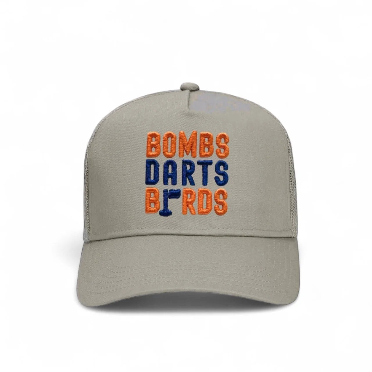 Auburn Bombs Darts Birds Fandom + Golf Caps - Grey Trucker Hat/Orange/Blue - Bombs Darts Birds