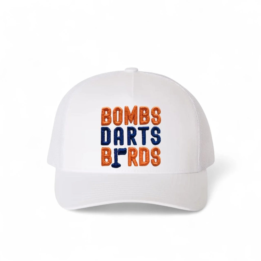 Auburn Bombs Darts Birds Fandom + Golf Caps - White Trucker Hat/Orange/Blue - Bombs Darts Birds