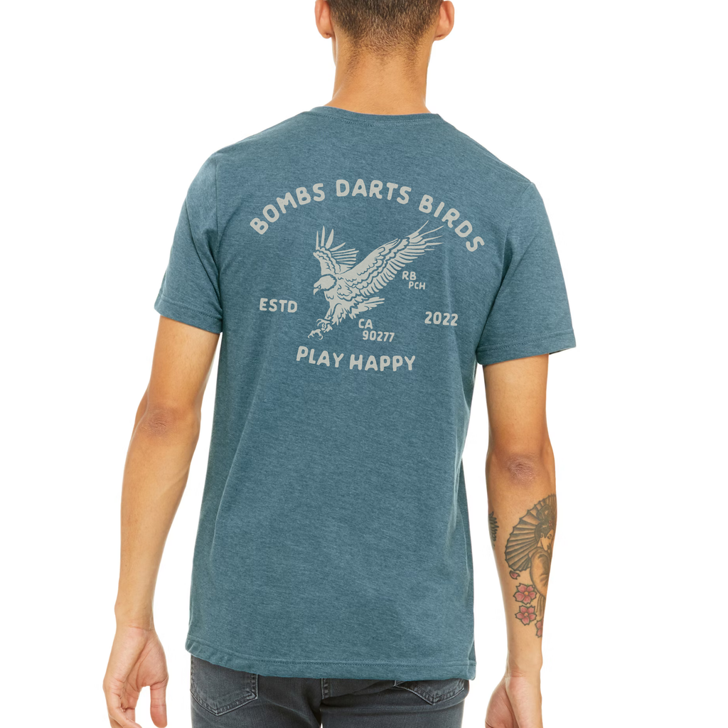 BDB "Easy Eagle" Golf Tee Shirt Teal Back Lifestyle - Bombs Darts Birds