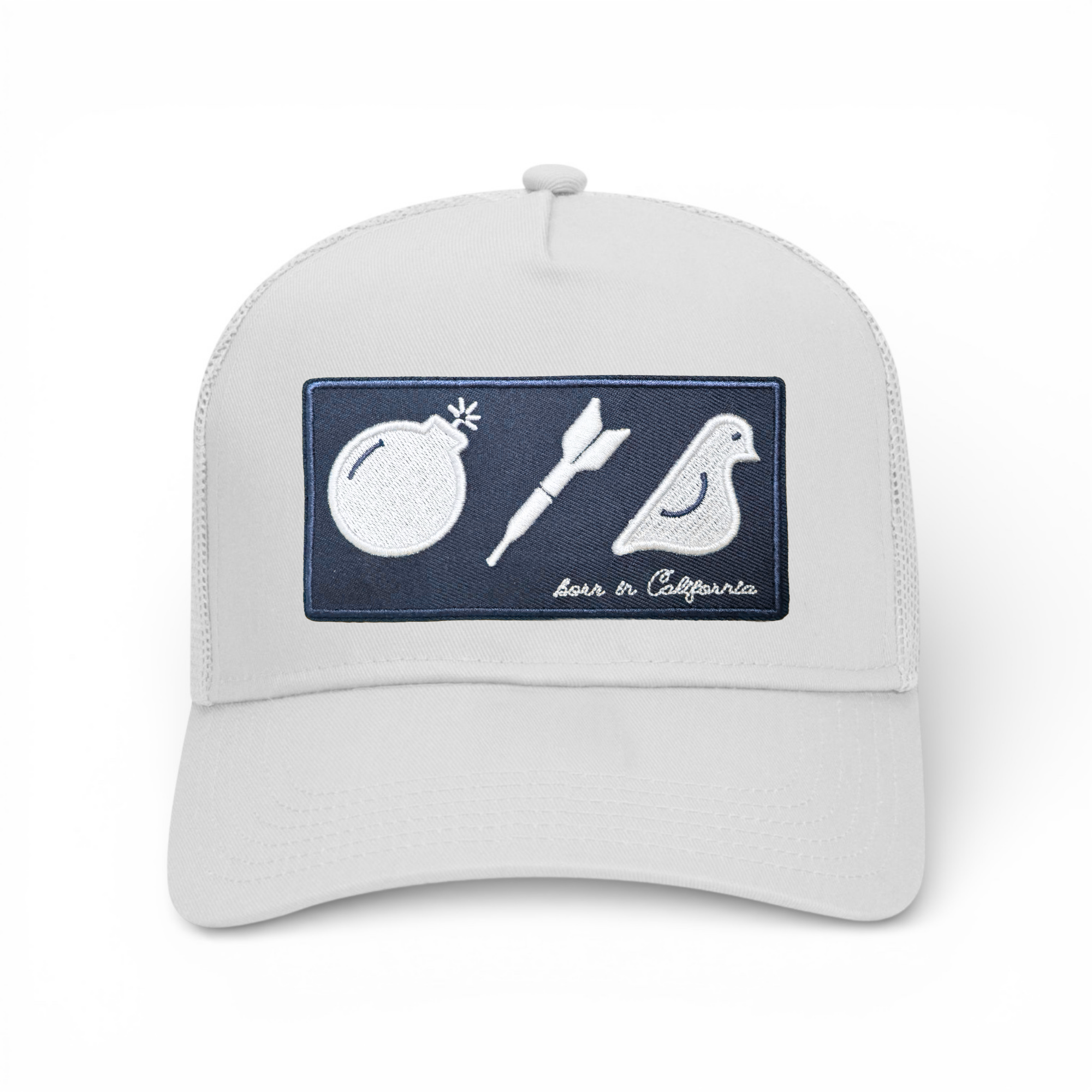 BDB Icons Patch Truckers Hat - Golf Cap - White/Navy - Bombs Darts Birds