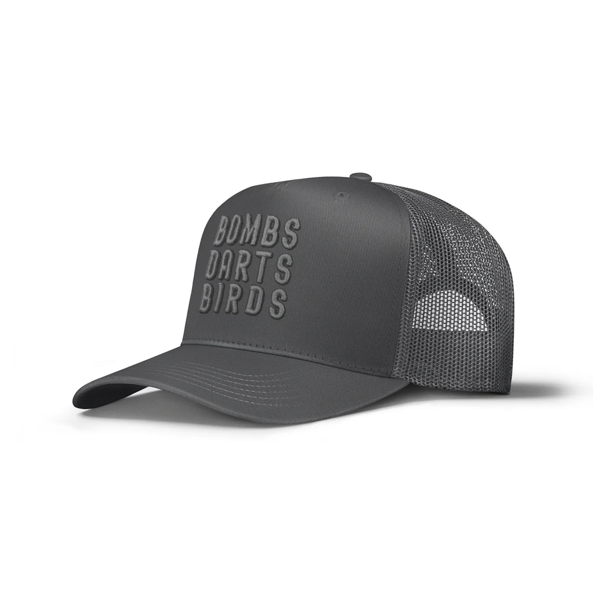 Bombs Darts Birds OG 3D Puff Trucker Hat - Gray - Three Quarters - Bombs Darts Birds
