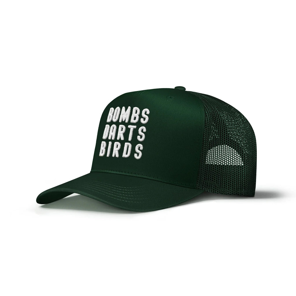 Bombs Darts Birds OG 3D Puff Trucker Hat - Green/White - Three Quarters - Bombs Darts Birds