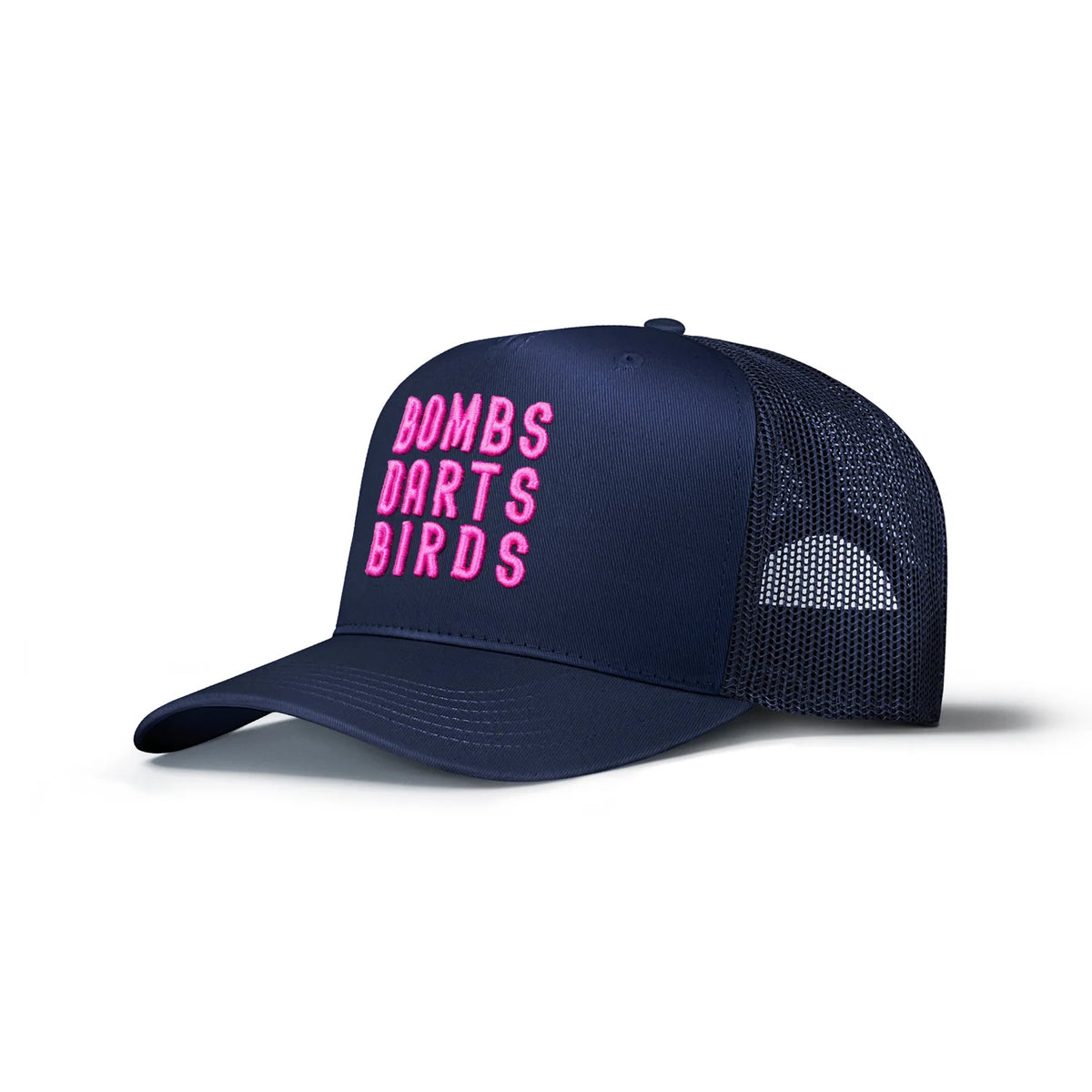 Bombs Darts Birds OG 3D Puff Trucker Hat - Navy/Pink - Three Quarters - Bombs Darts Birds