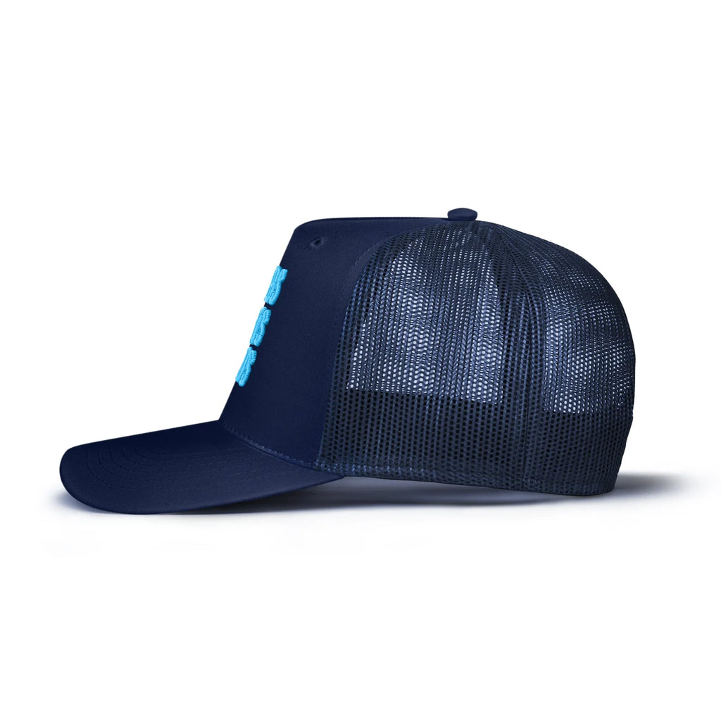 Bombs Darts Birds OG 3D Puff Trucker Hat - Navy/Turquoise - Side - Bombs Darts Birds