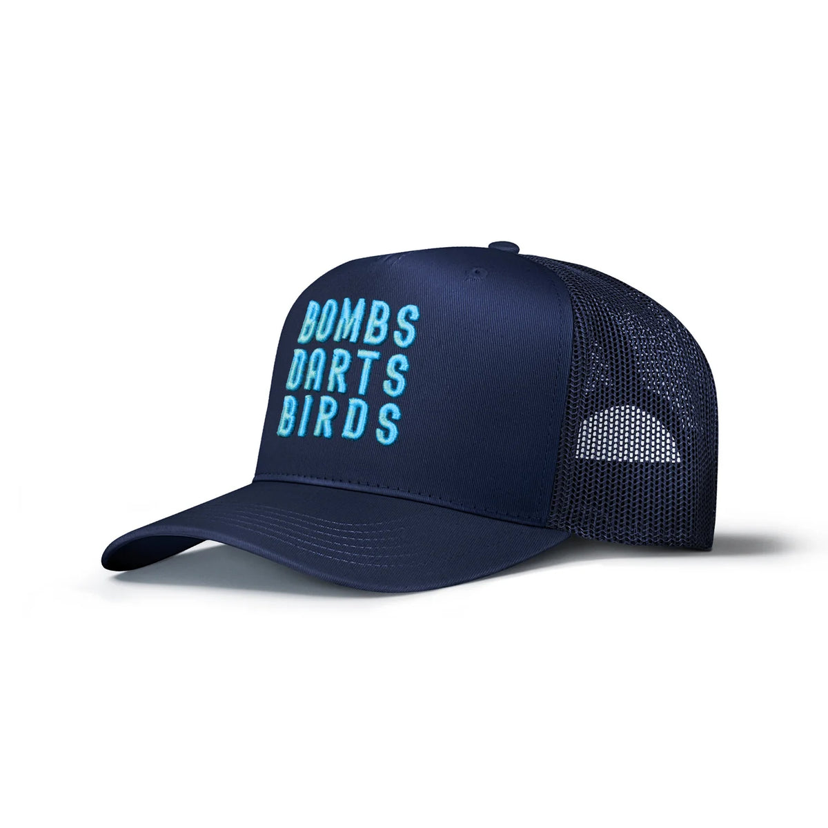 Bombs Darts Birds OG 3D Puff Trucker Hat - Navy/Turquoise - Three Quarters - Bombs Darts Birds