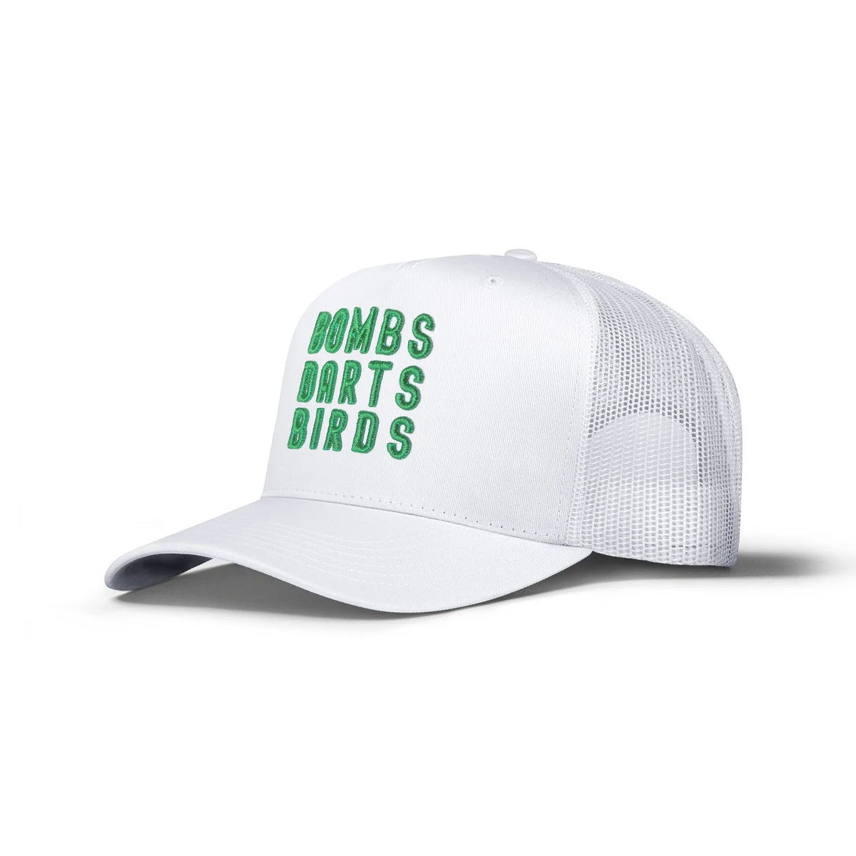 Bombs Darts Birds OG 3D Puff Trucker Hat - White/Green - Three Quarters - Bombs Darts Birds