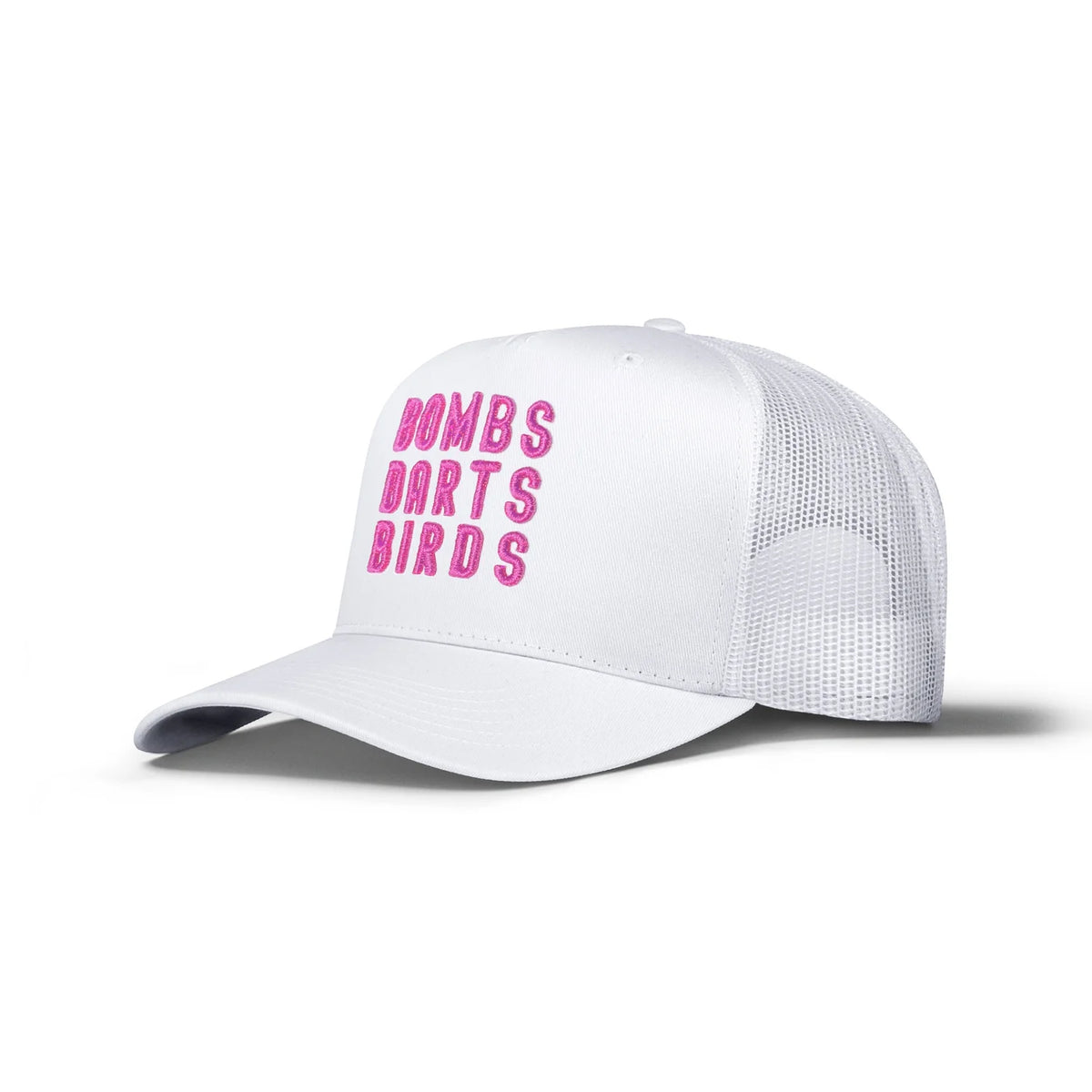 Bombs Darts Birds OG 3D Puff Trucker Hat - White/Pink - Three Quarters - Bombs Darts Birds