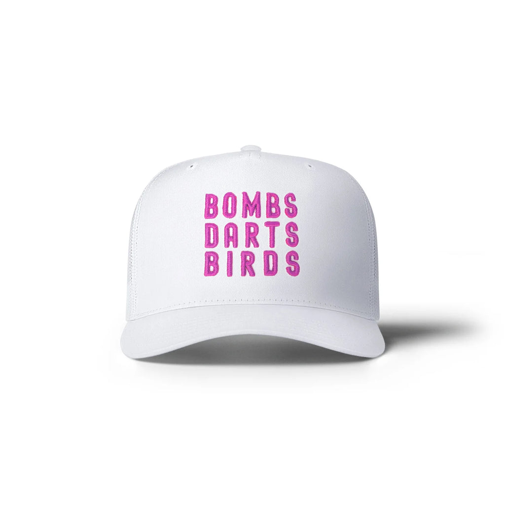 Bombs Darts Birds OG 3D Puff Trucker Hat - White/Pink - v2 - Bombs Darts Birds