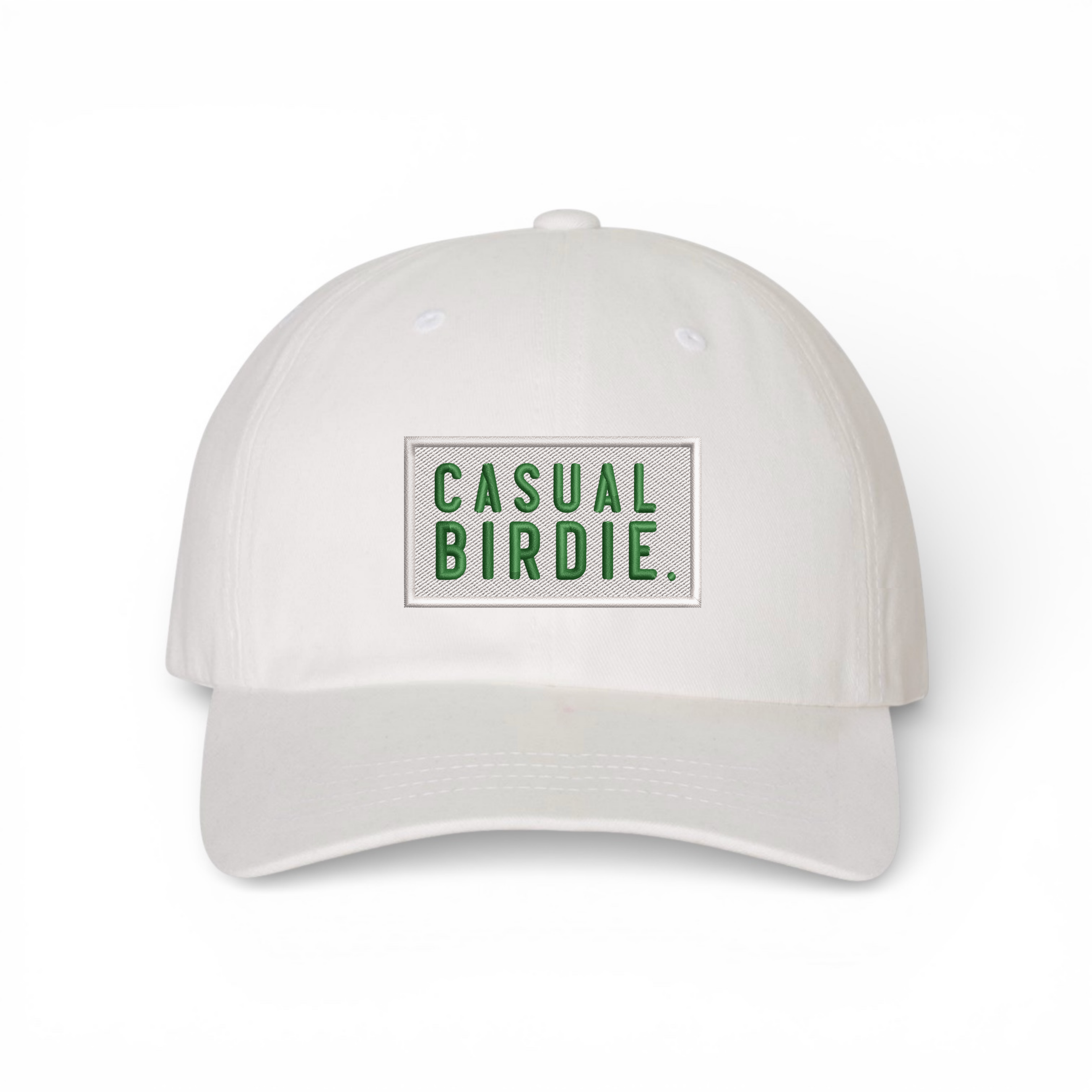 Bumper Sticker Golf Caps "Casual Birdie" - White Dad Hat - Bombs Darts Birds