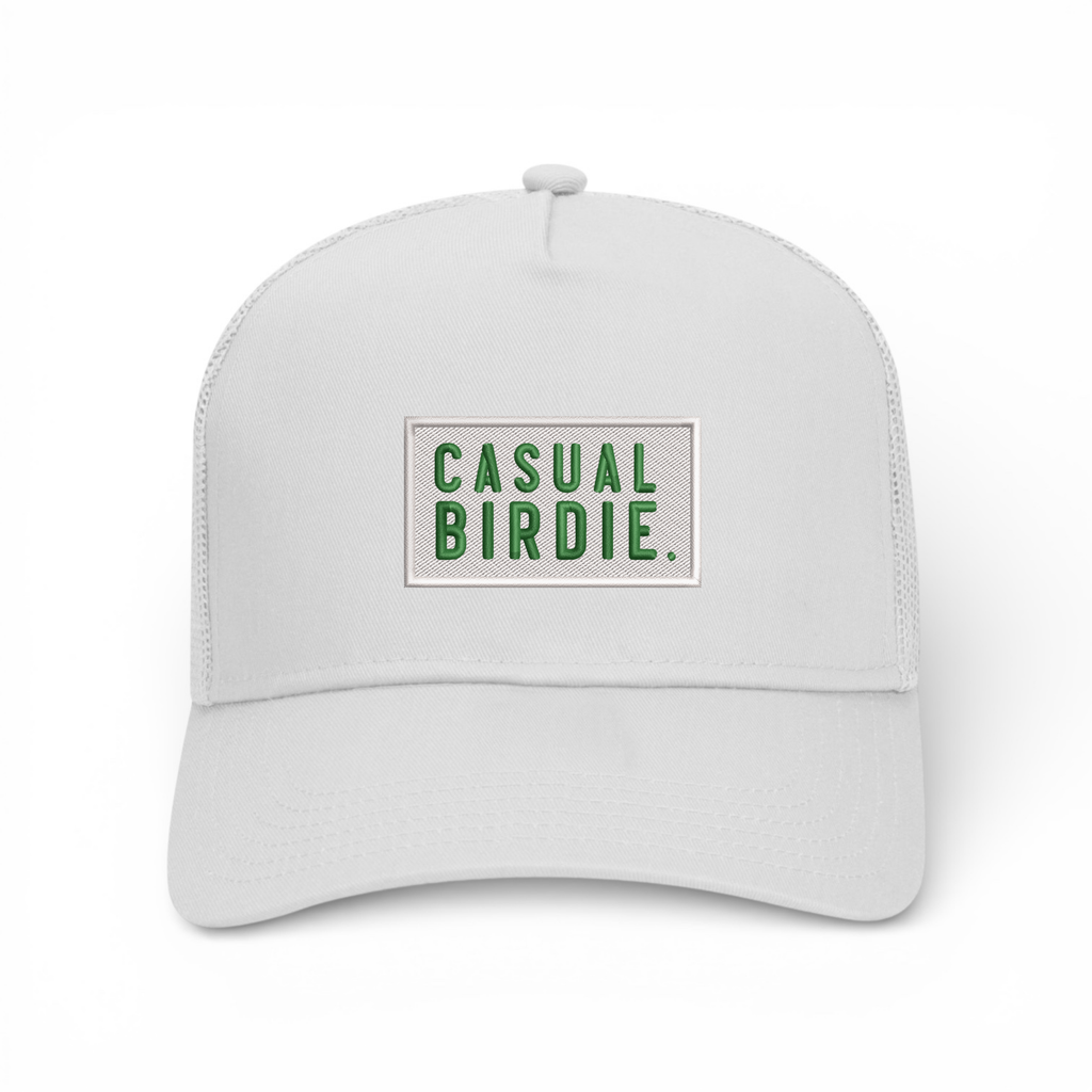 Bumper Sticker Golf Caps "Casual Birdie" - White Trucker Hat - Bombs Darts Birds