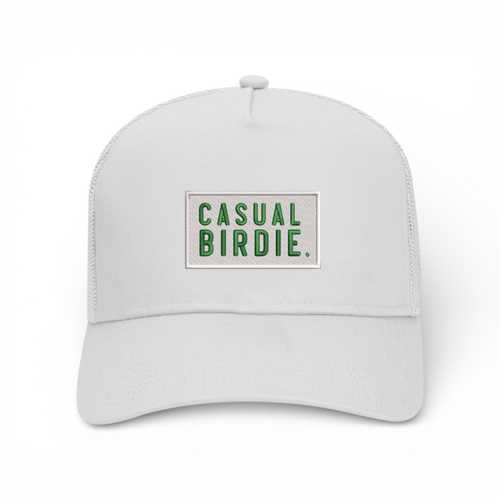 Bumper Sticker Golf Caps "Casual Birdie" - White Trucker Hat - Bombs Darts Birds