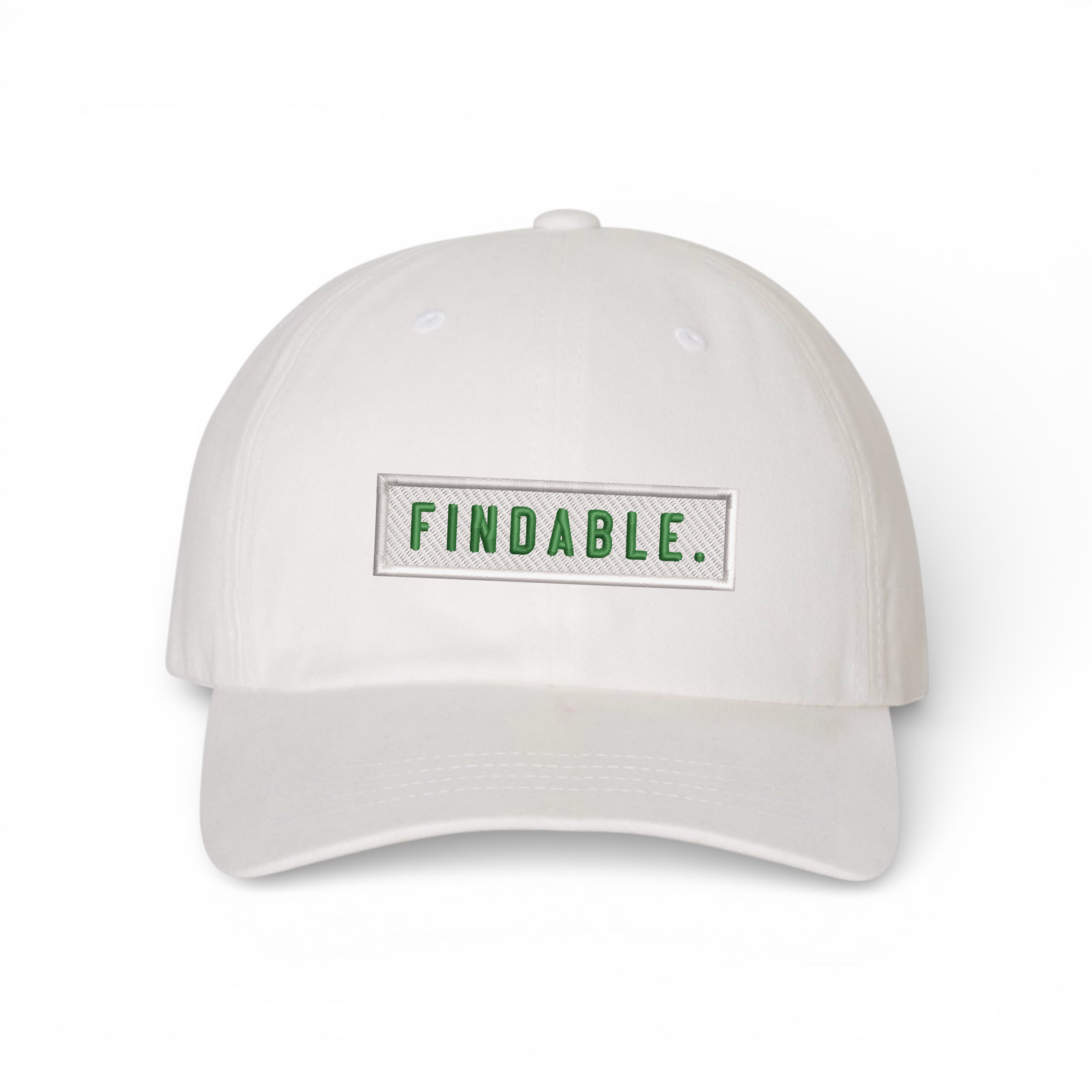 Bumper Sticker Golf Caps "Findable" - White Dad Hat - Bombs Darts Birds