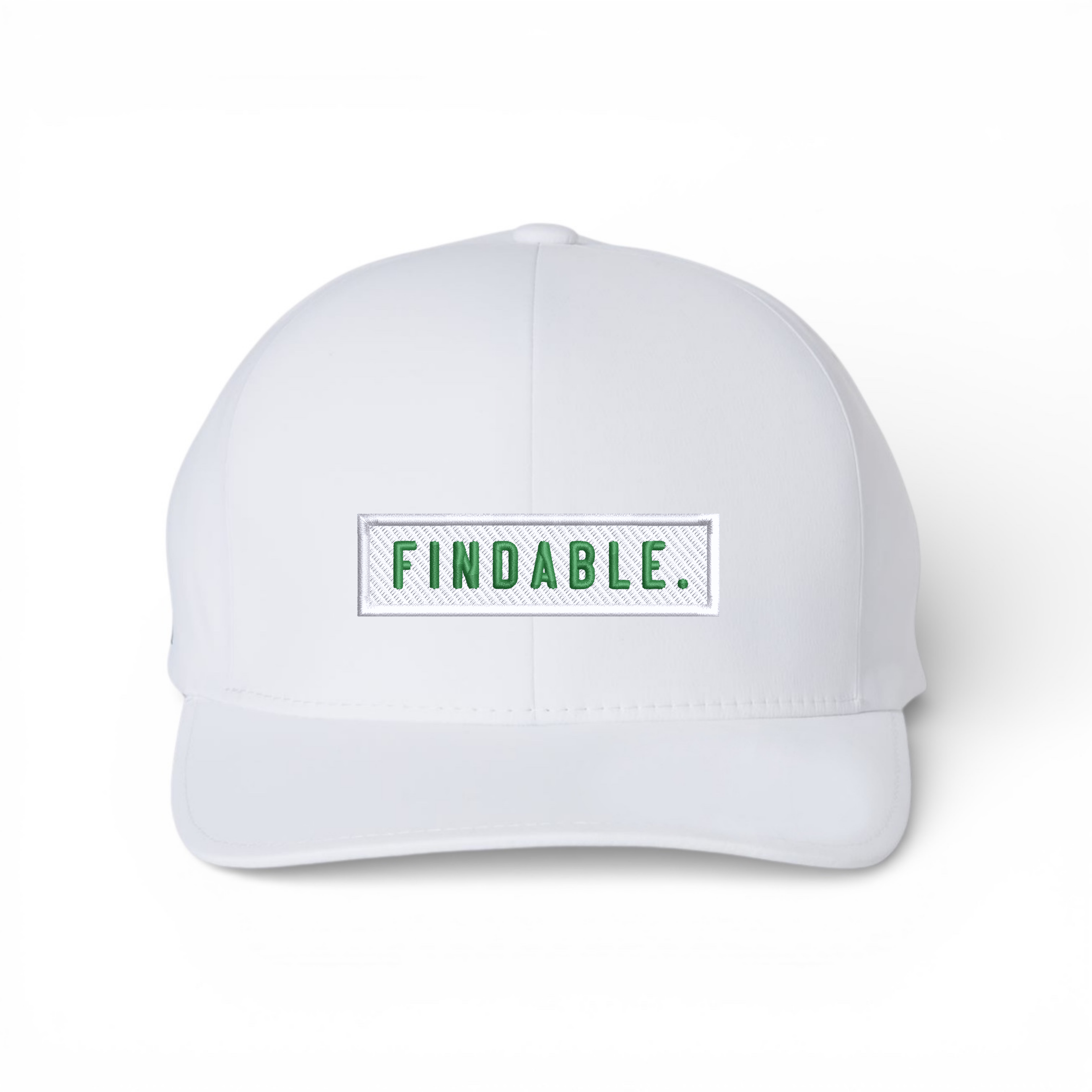 Bumper Sticker Golf Caps "Findable" - White Performance Flexfit Seamless Hat - Bombs Darts Birds