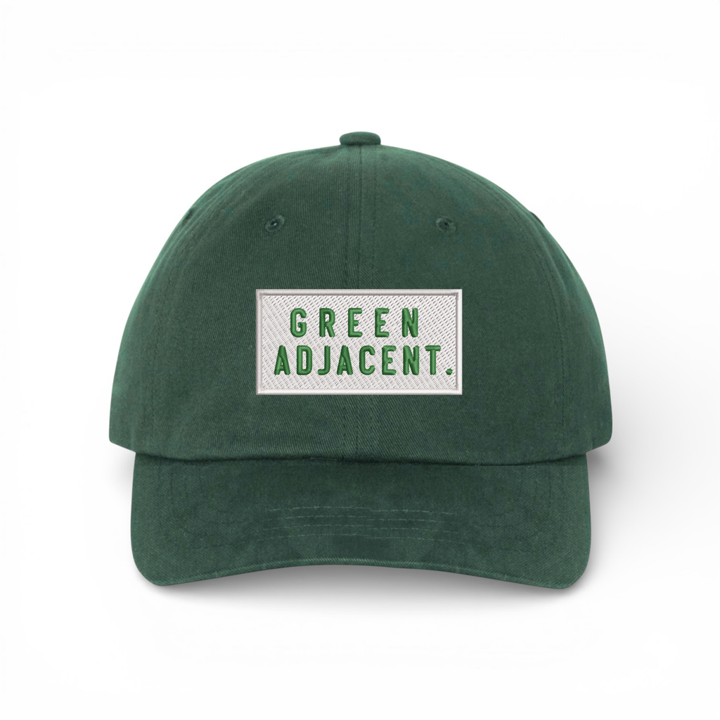 Bumper Sticker Golf Caps "Green Adjacent" - Green Dad Hat/White - Bombs Darts Birds