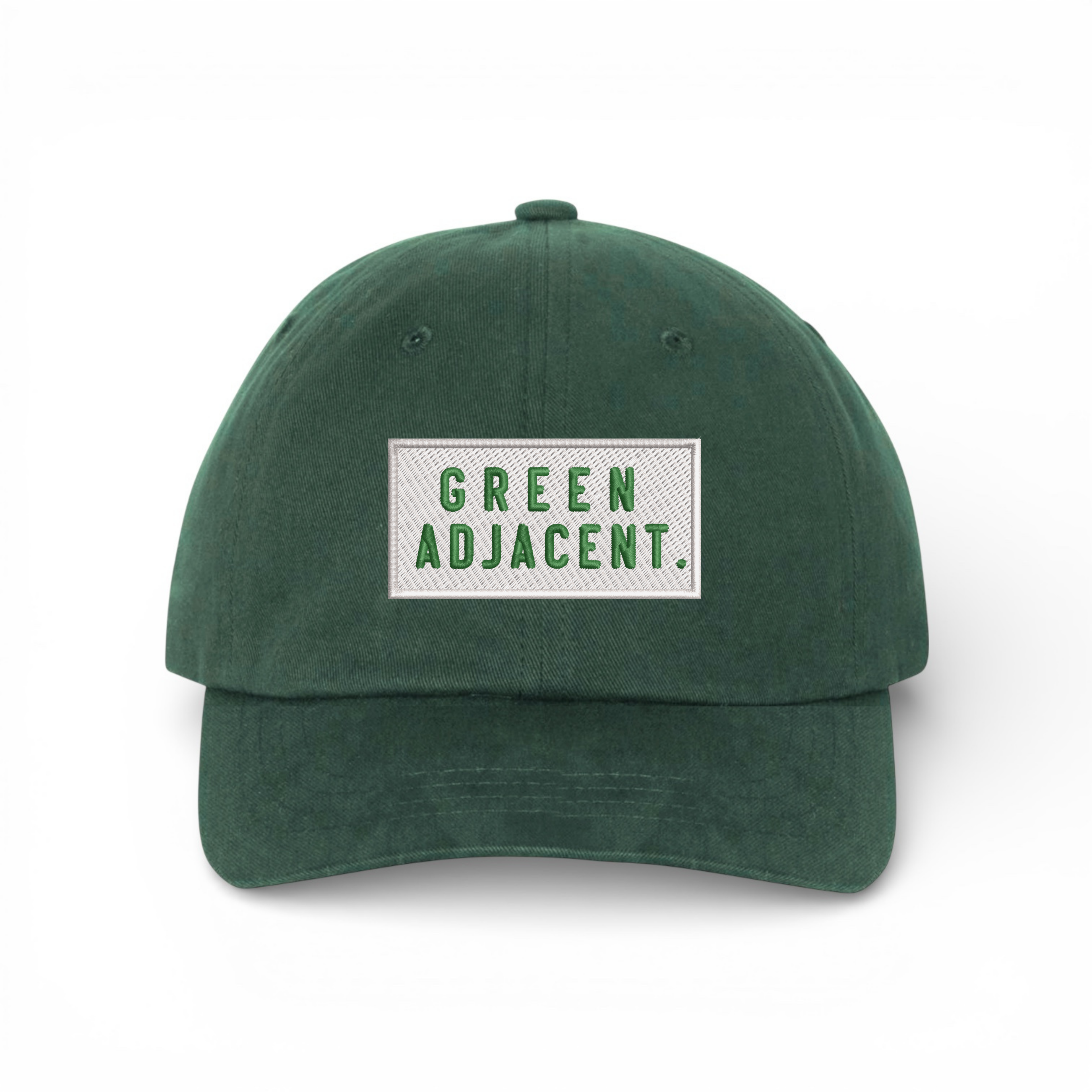 Bumper Sticker Golf Caps "Green Adjacent" - Green Dad Hat/White - Bombs Darts Birds