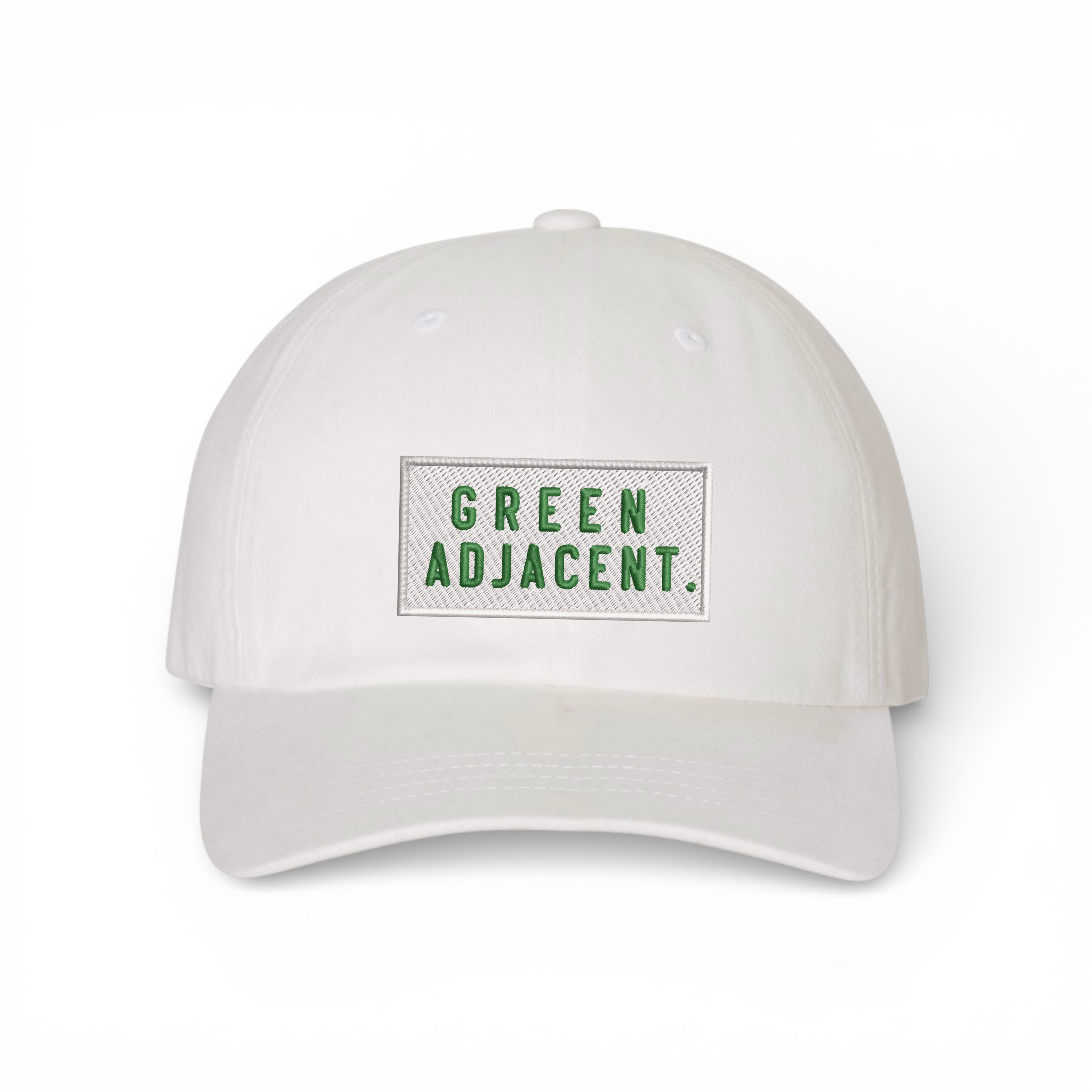 Bumper Sticker Golf Caps "Green Adjacent" -  White Dad Hat - Bombs Darts Birds