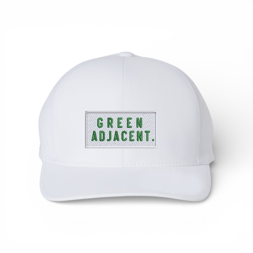 Bumper Sticker Golf Caps "Green Adjacent" - White Performance Flexfit Seamless - Bombs Darts Birds