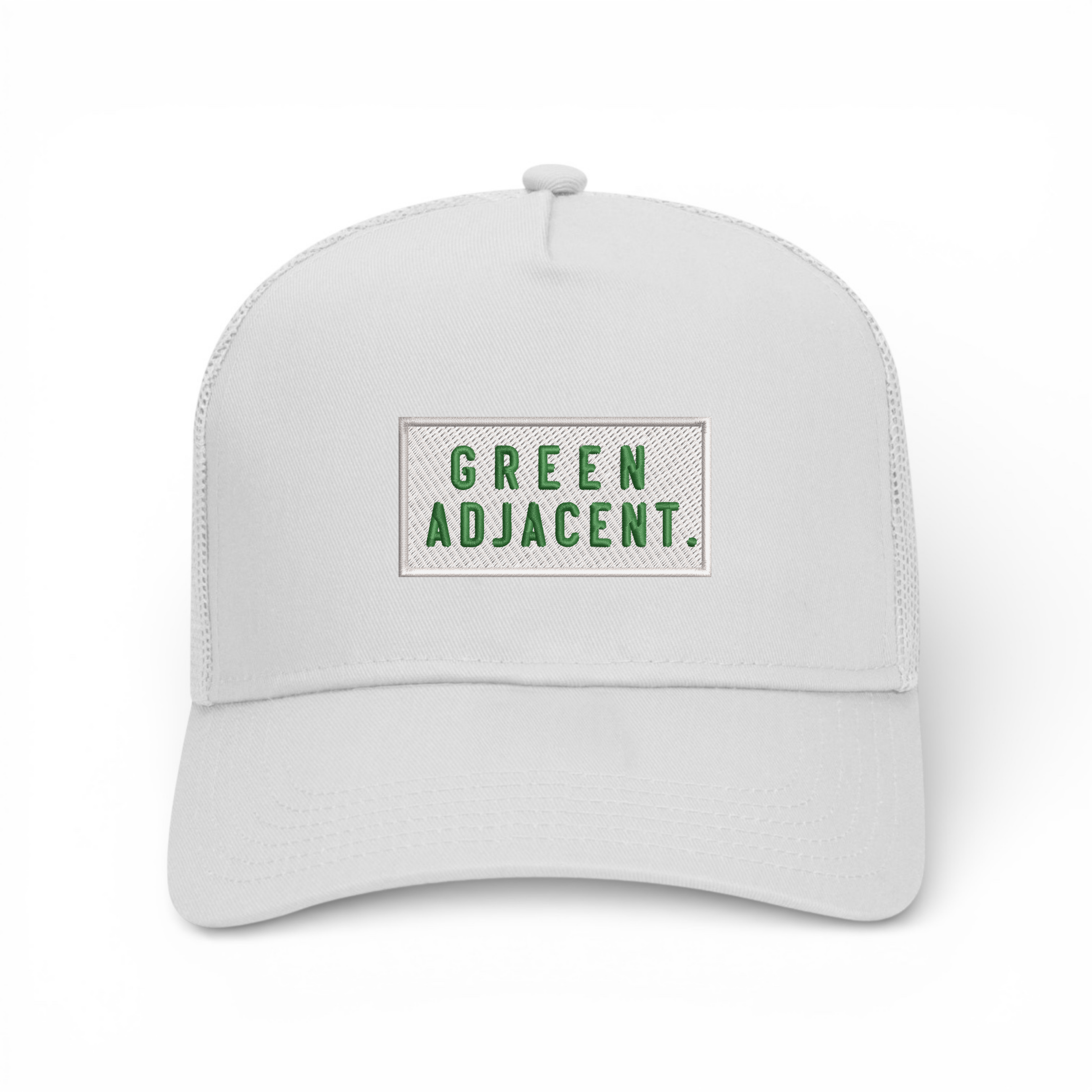 Bumper Sticker Golf Caps "Green Adjacent" - White Trucker Hat - Bombs Darts Birds