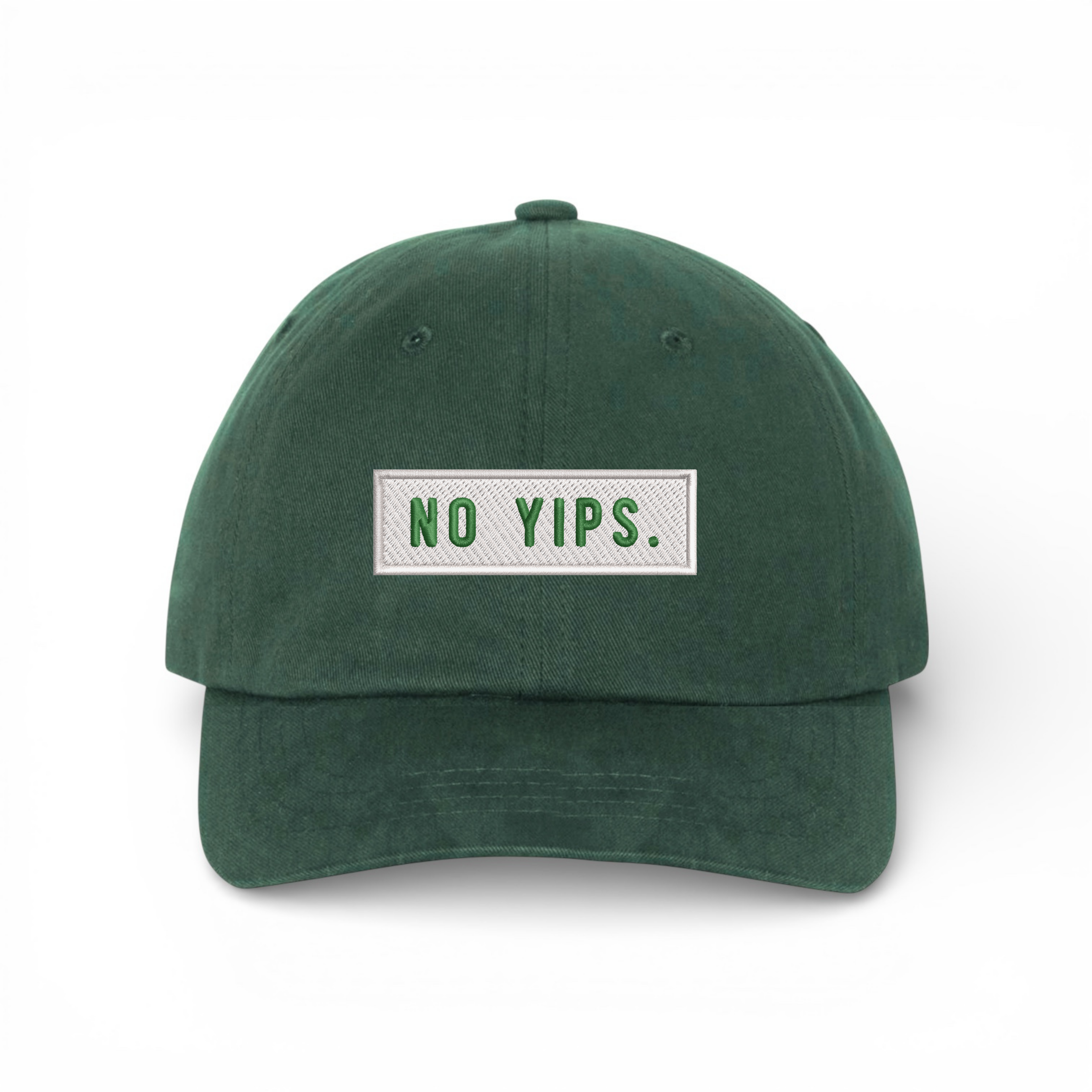 Bumper Sticker Golf Caps "No Yips" - Green Dad Hat/White - Bombs Darts Birds