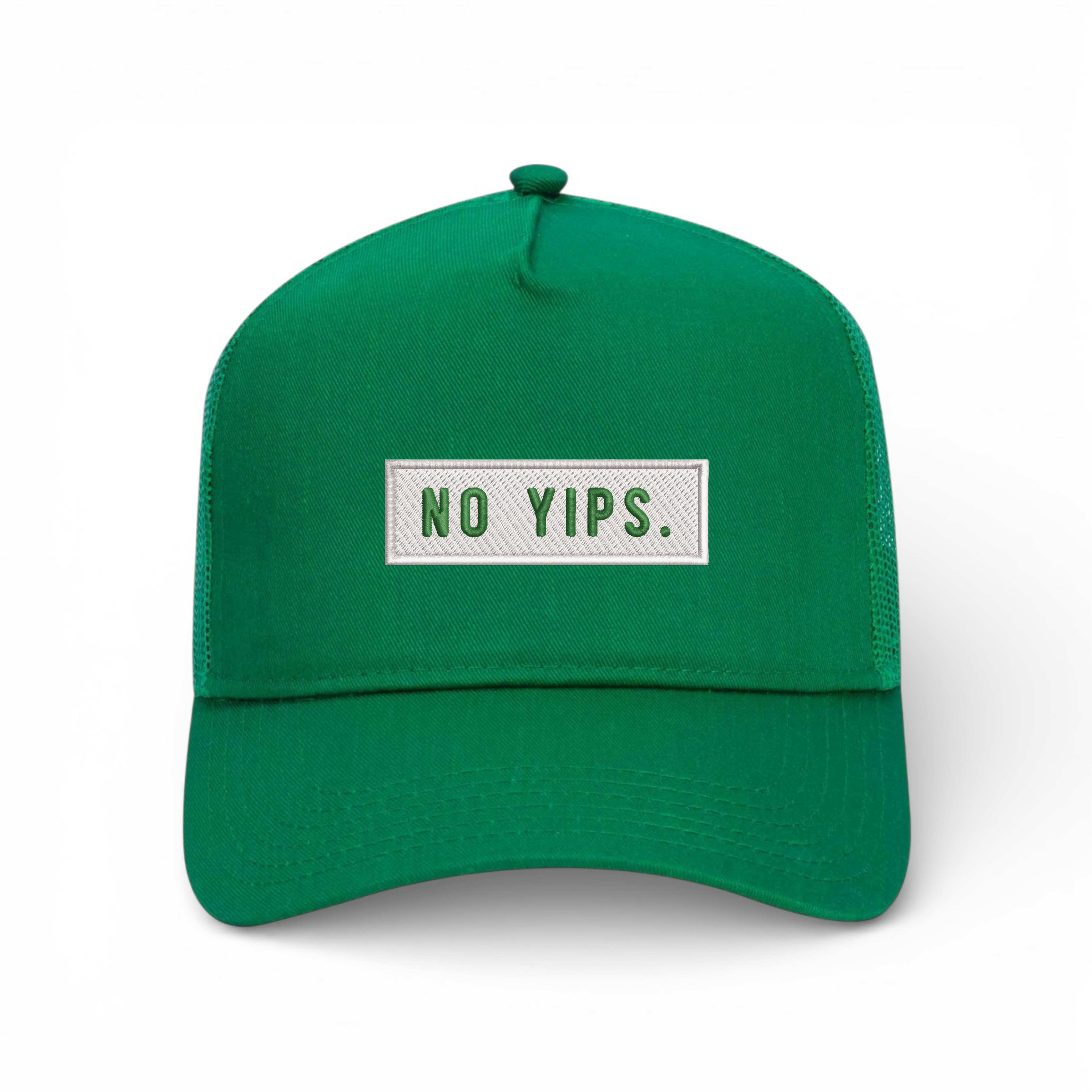 Bumper Sticker Golf Caps "No Yips" - Green Trucker Hat/White - Bombs Darts Birds