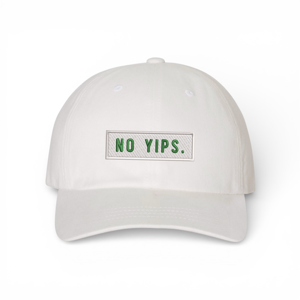 Bumper Sticker Golf Caps "No Yips" - White Dad Hat - Bombs Darts Birds