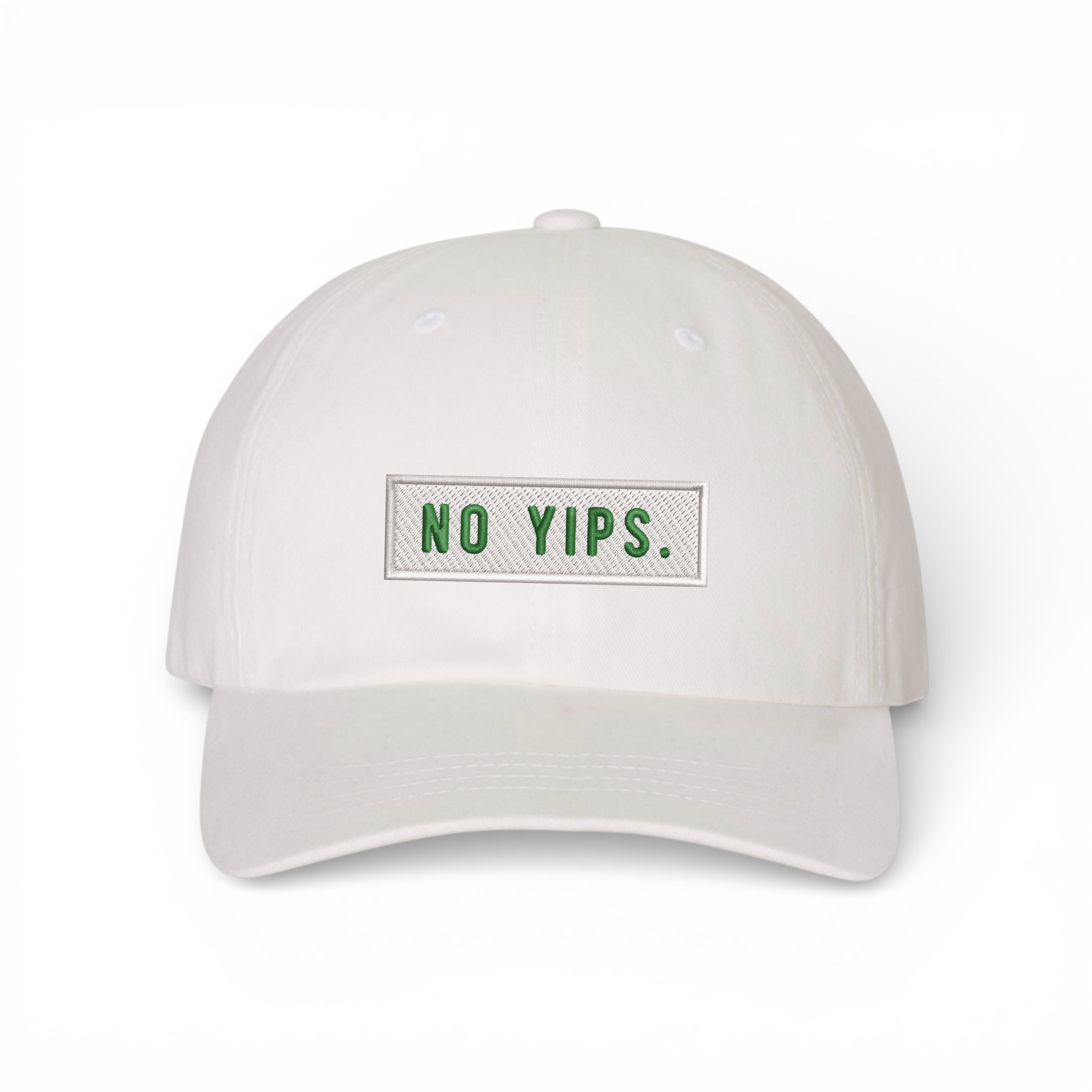 Bumper Sticker Golf Caps "No Yips" - White Dad Hat - Bombs Darts Birds
