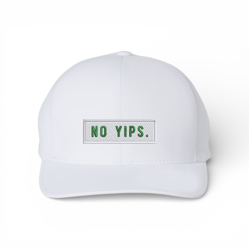 Bumper Sticker Golf Caps "No Yips" - White Performance Flexfit Seamless - Bombs Darts Birds