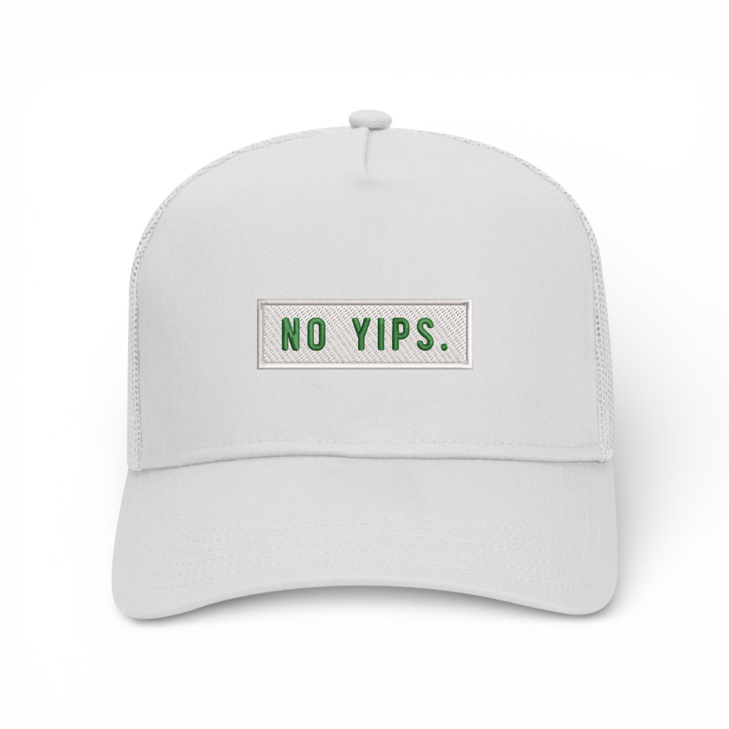 Bumper Sticker Golf Caps "No Yips" - White Trucker Hat - Bombs Darts Birds