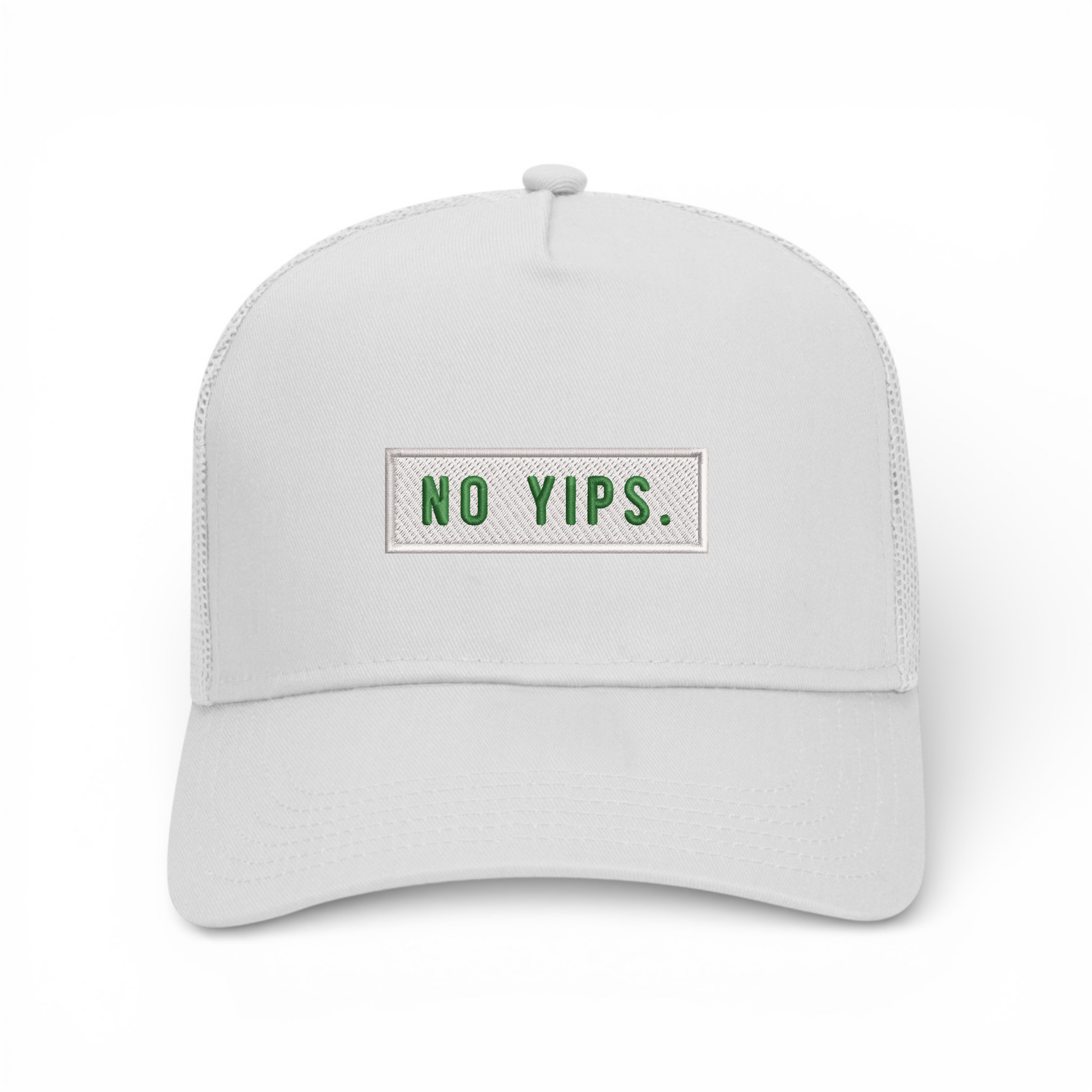 Bumper Sticker Golf Caps "No Yips" - White Trucker Hat - Bombs Darts Birds