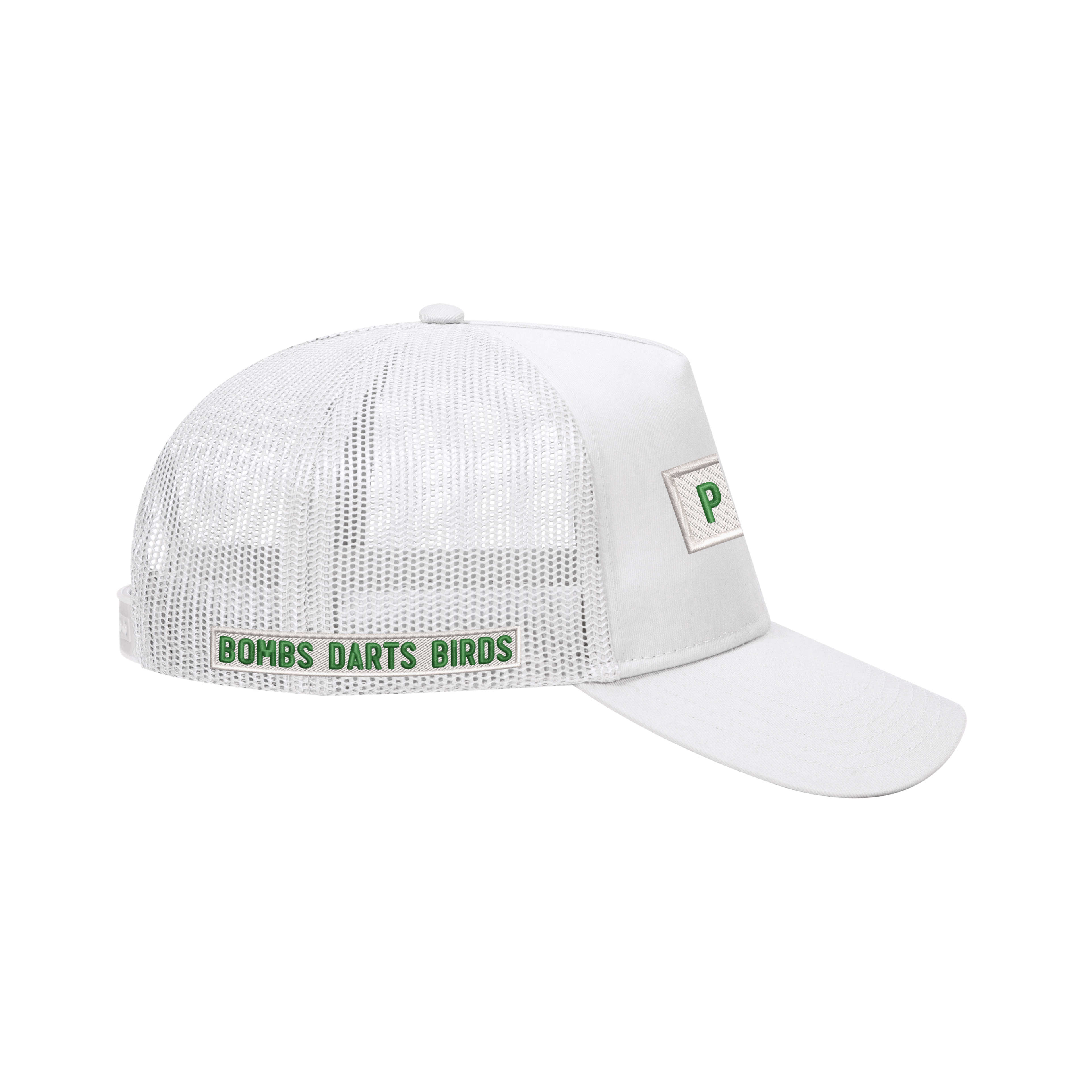 Bumper Sticker Golf Caps "Puttable" - White Trucker Hat - Side - Bombs Darts Birds