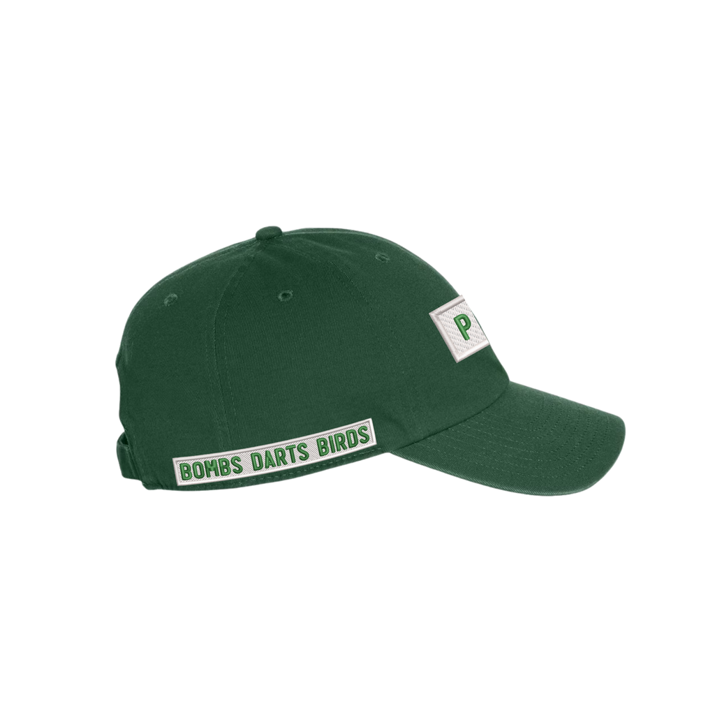Bumper Sticker Golf Caps "Walk-Ins Welcome" - Forest Green/White - Side - Bombs Darts Birds