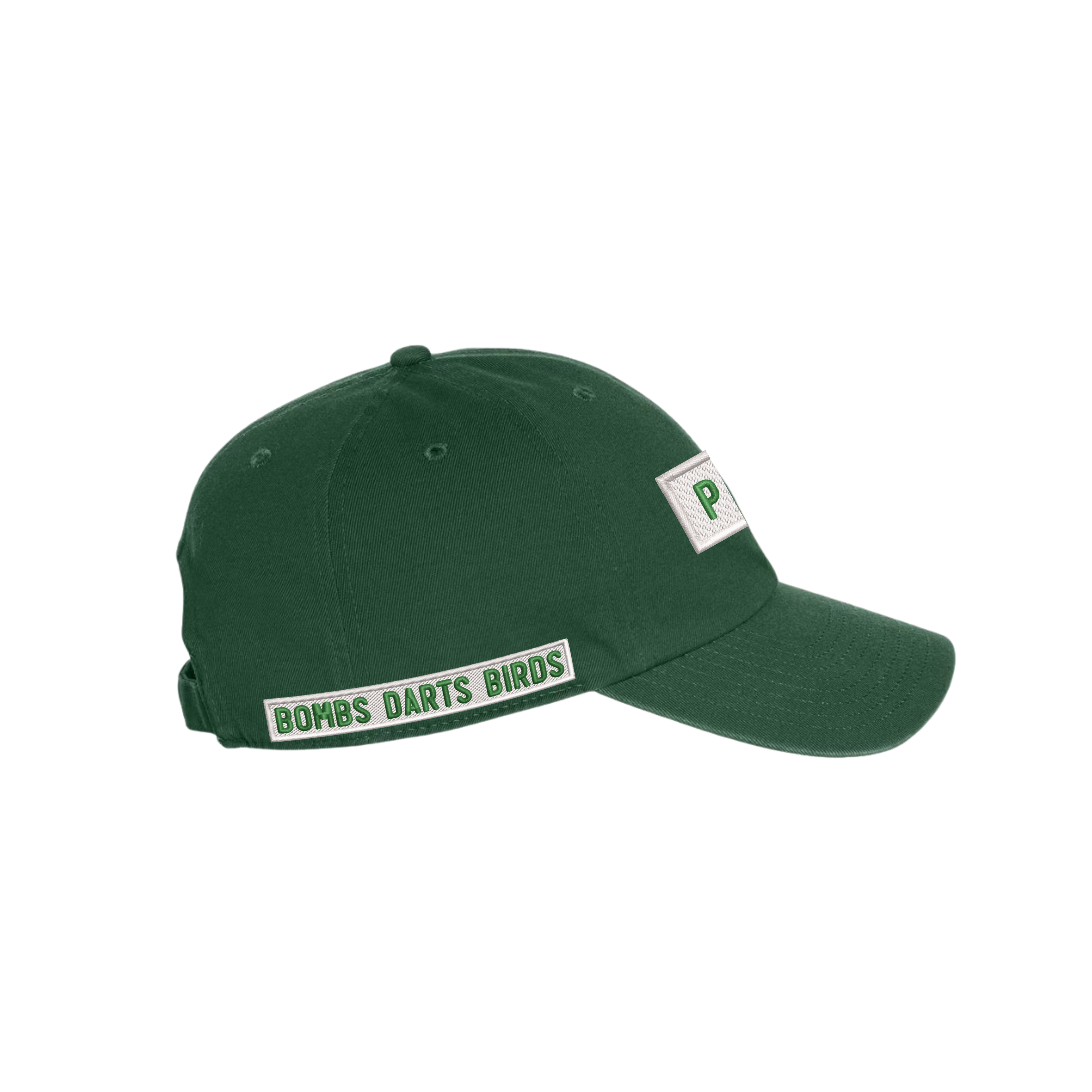 Bumper Sticker Golf Caps "Walk-Ins Welcome" - Forest Green/White - Side - Bombs Darts Birds