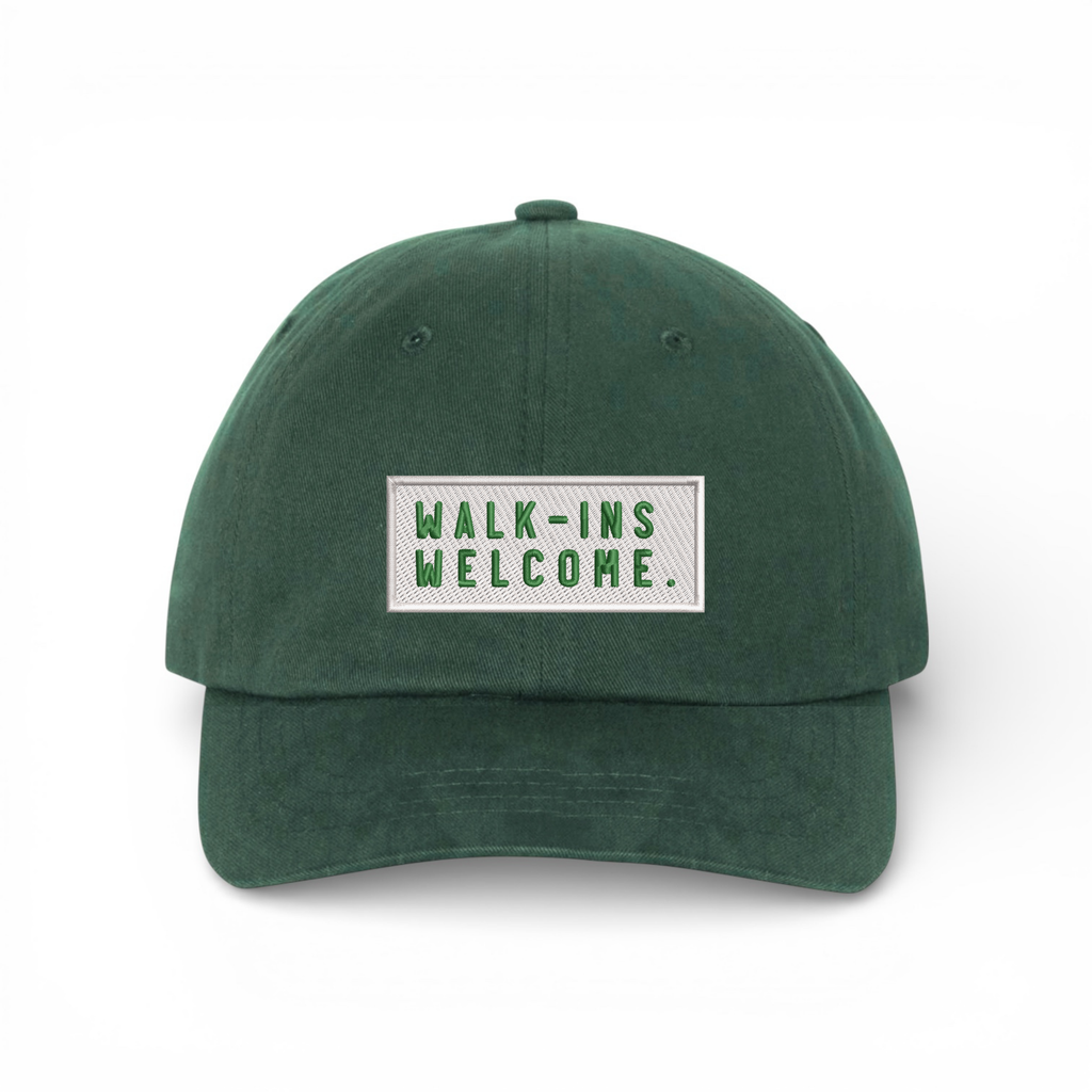 Bumper Sticker Golf Caps "Walk-Ins Welcome" - Green Dad Hat/White - Bombs Darts Birds