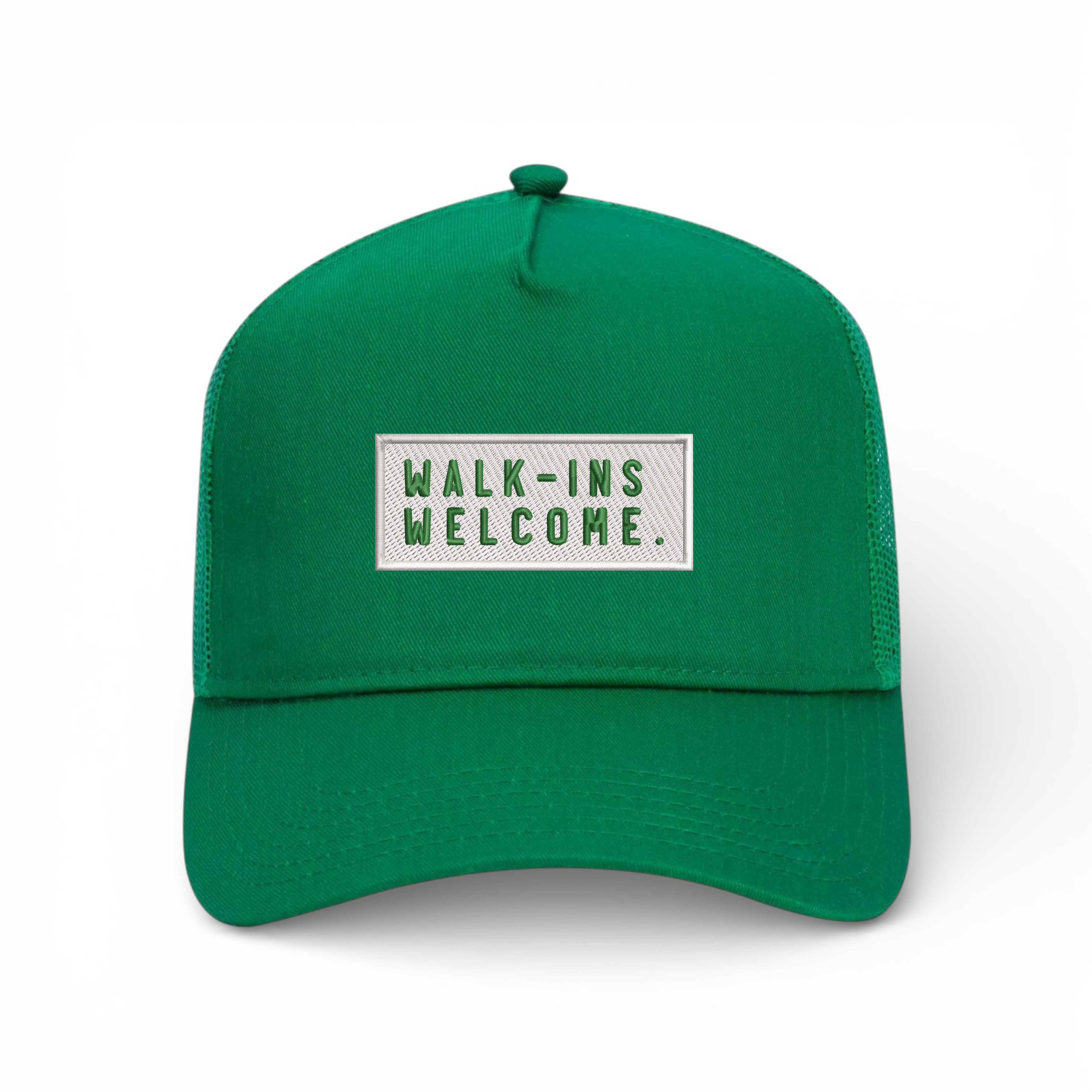Bumper Sticker Golf Caps "Walk-Ins Welcome" - Green Trucker Hat/White - Bombs Darts Birds