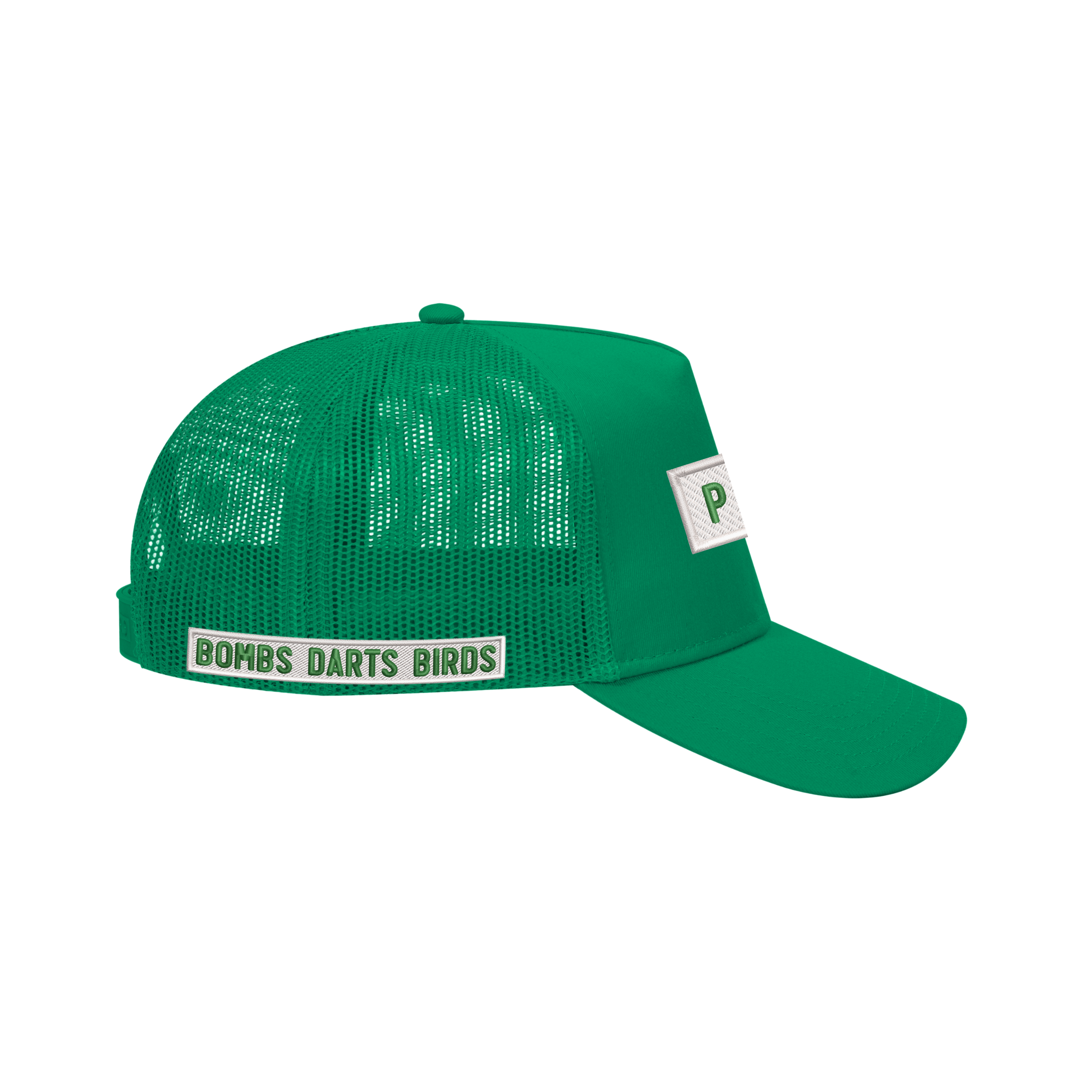 Bumper Sticker Golf Caps "Walk-Ins Welcome" - Masters Green/White - Side - Bombs Darts Birds