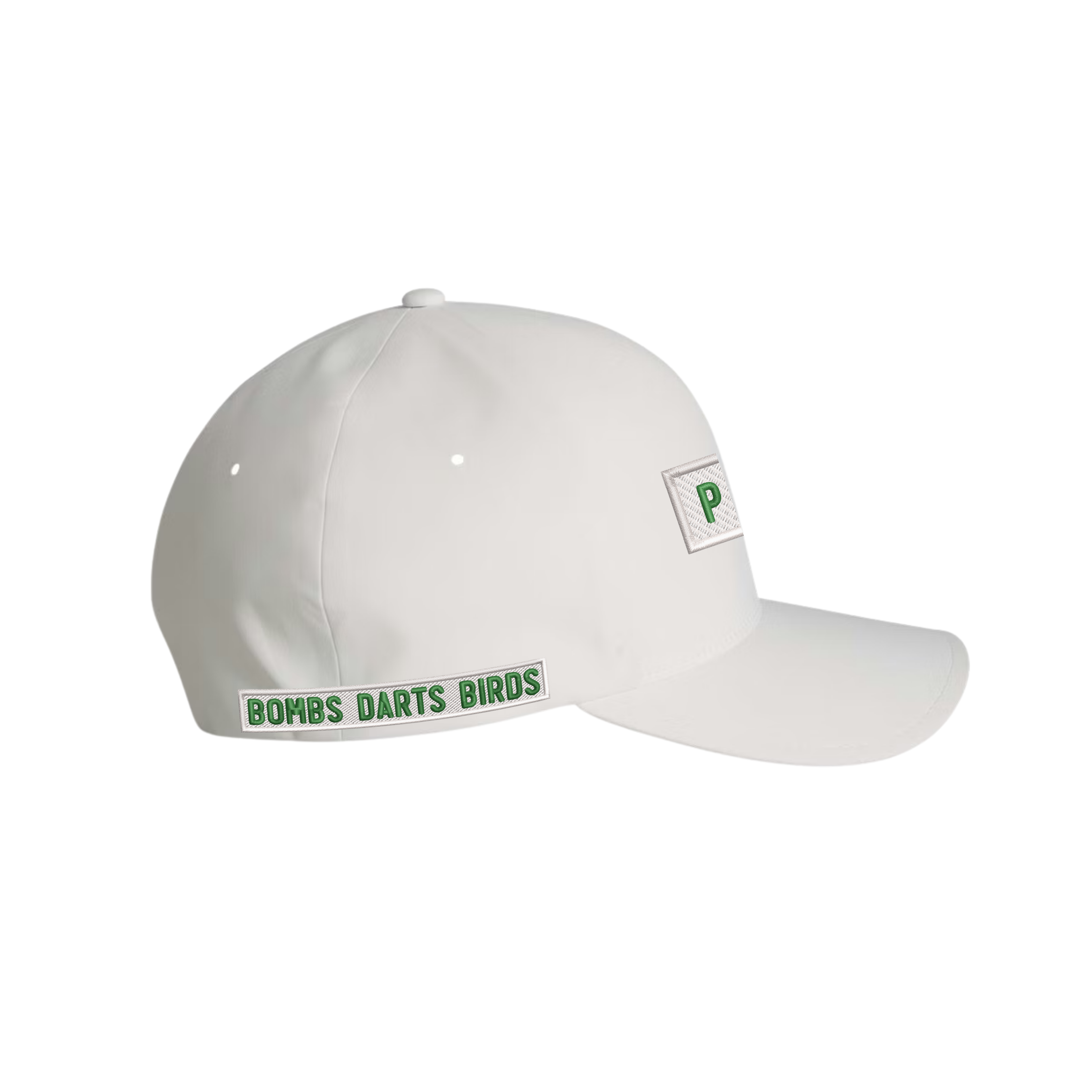 Bumper Sticker Golf Caps "Walk-Ins Welcome" - White - Side - Bombs Darts Birds
