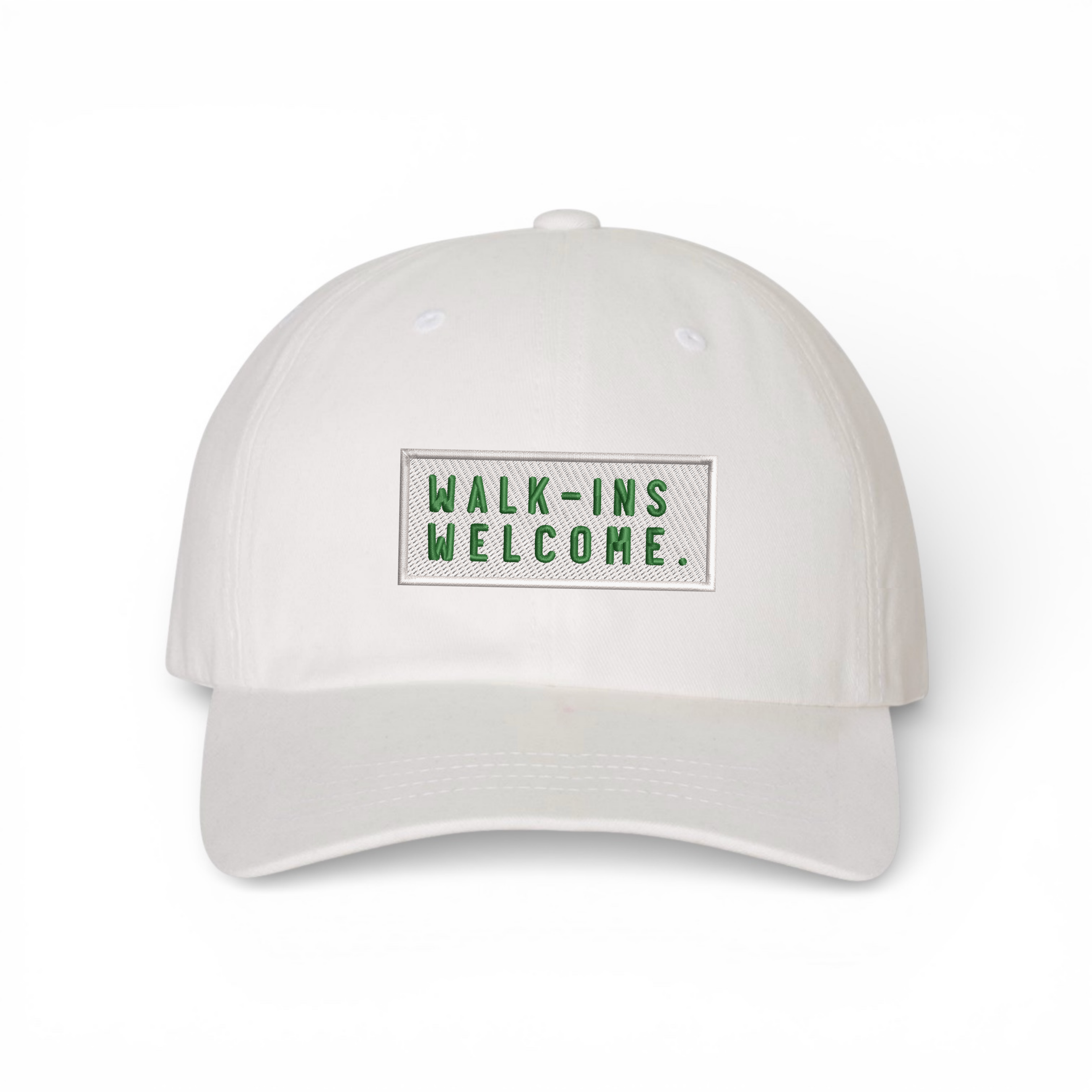 Bumper Sticker Golf Caps "Walk-Ins Welcome" - White Dad Hat - Bombs Darts Birds