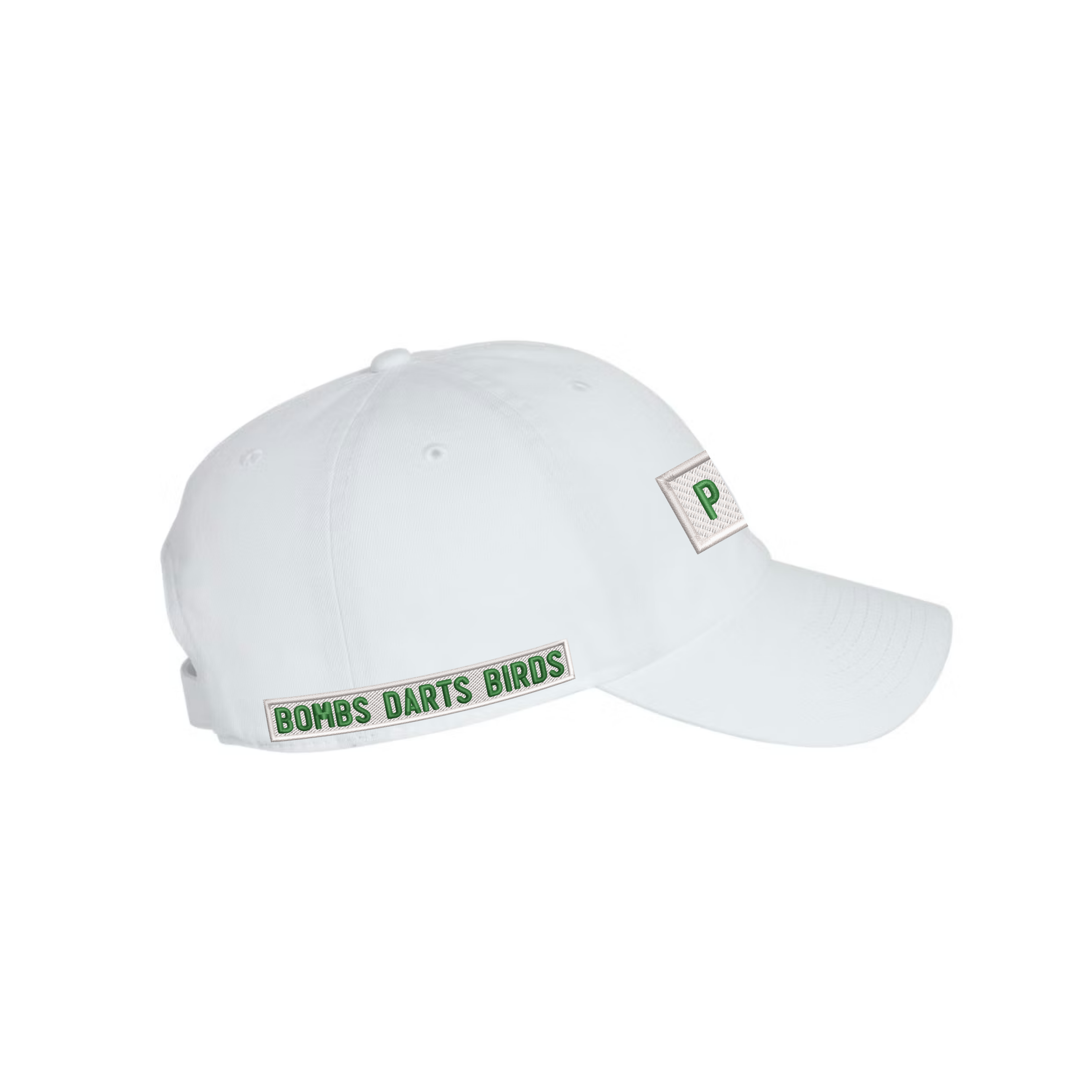 Bumper Sticker Golf Caps "Walk-Ins Welcome" - White Performance Flexfit Seamless Hat - Side - Bombs Darts Birds