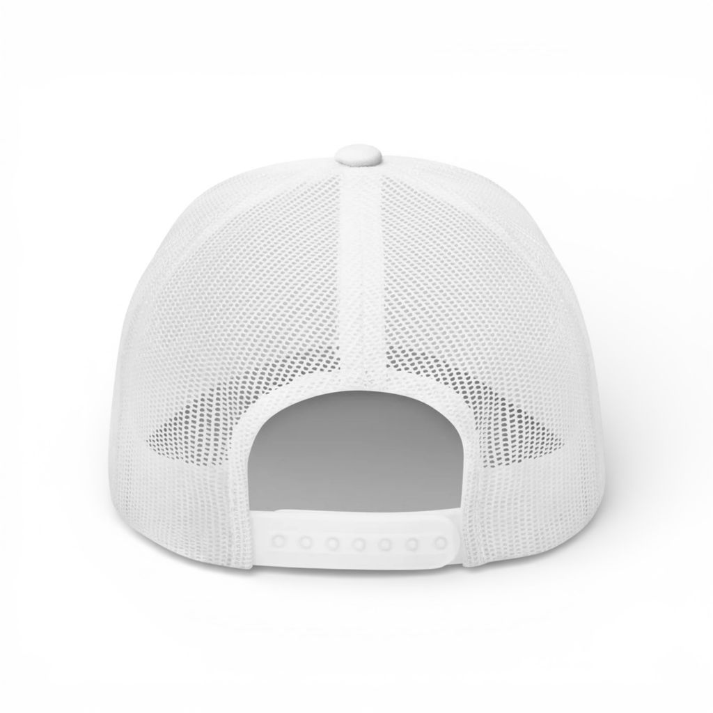 Bumper Sticker Golf Caps "Walk-Ins Welcome" - White Trucker Hat - Back - Bombs Darts Birds