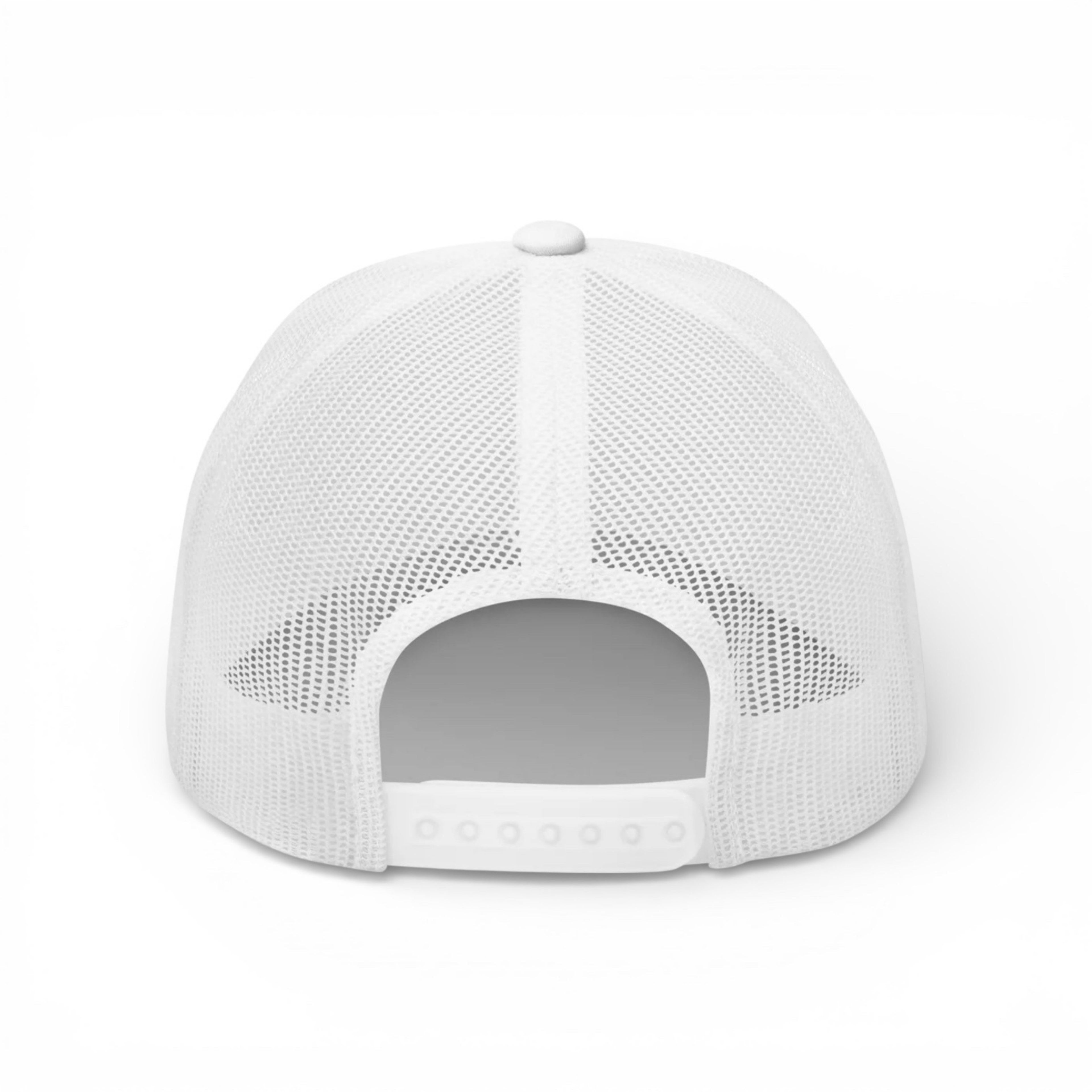 Bumper Sticker Golf Caps "Walk-Ins Welcome" - White Trucker Hat - Back - Bombs Darts Birds