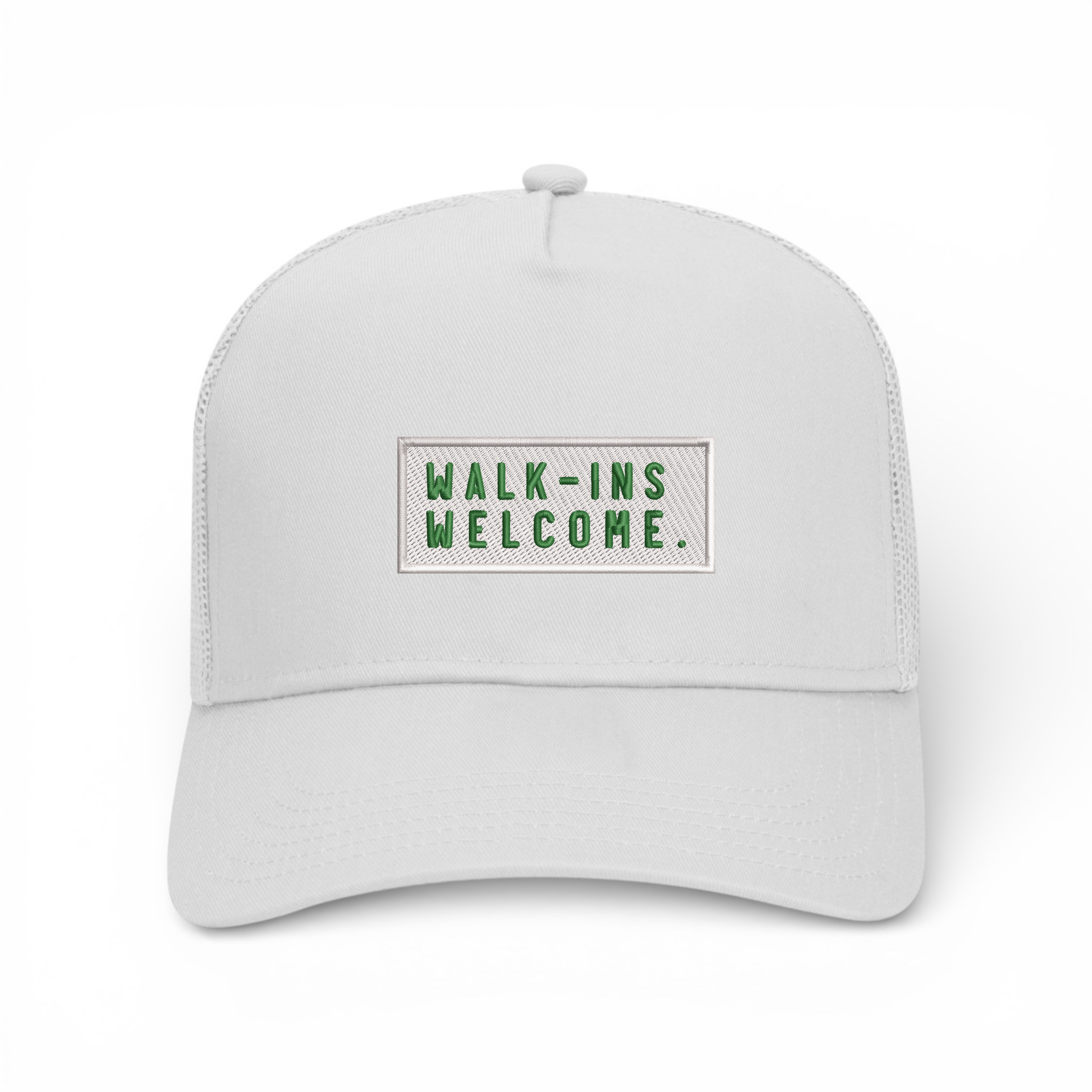 Bumper Sticker Golf Caps "Walk-Ins Welcome" - White Trucker Hat - Bombs Darts Birds