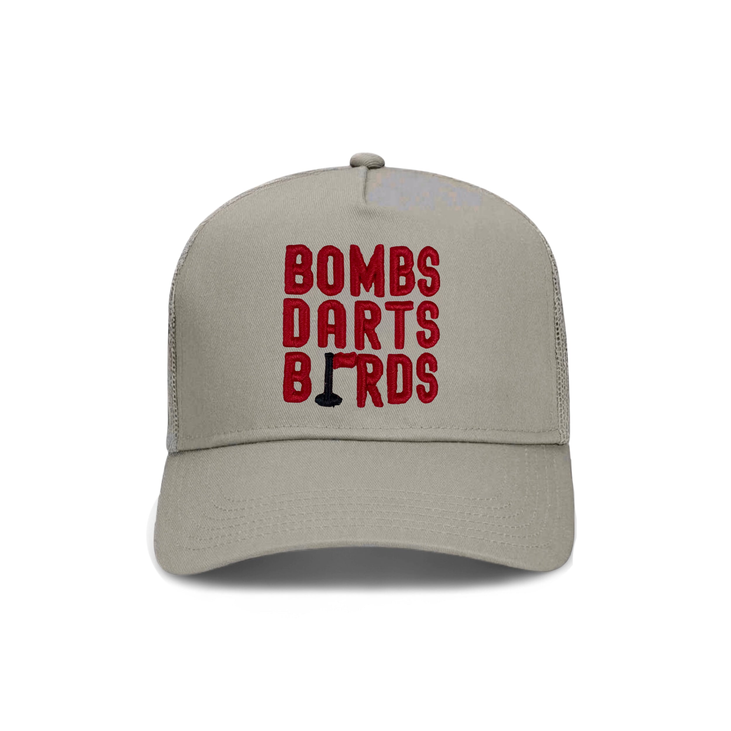 Indiana Bombs Darts Birds Fandom + Golf Caps - Grey Trucker Hat/Red - Bombs Darts Birds