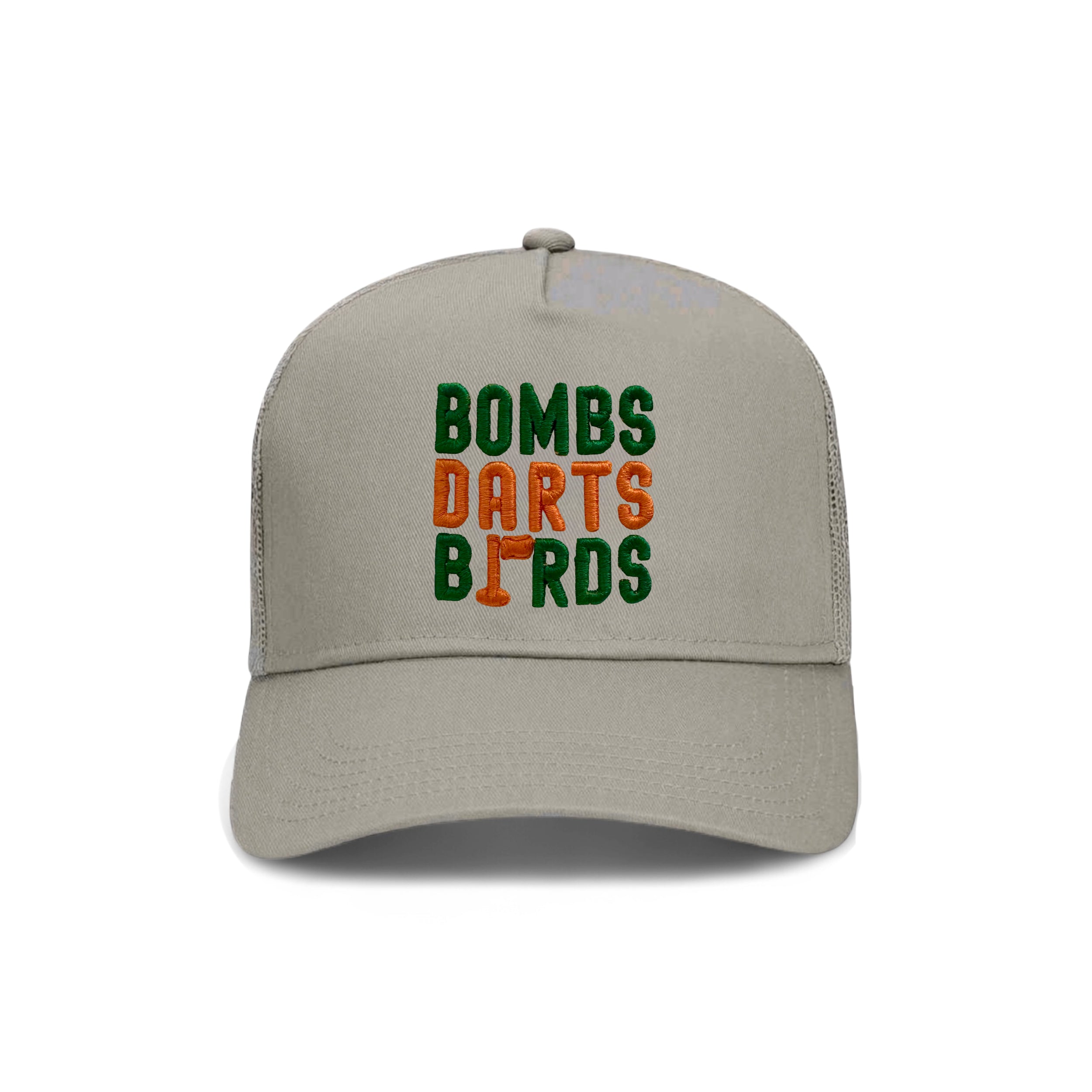 Miami Bombs Darts Birds Fandom + Golf Caps - Grey Trucker Hat/Orange/Green - Bombs Darts Birds