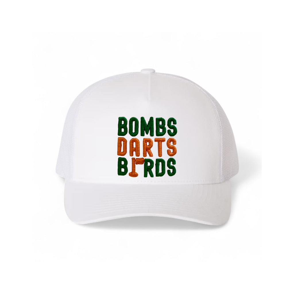 Miami Bombs Darts Birds Fandom + Golf Caps - White Trucker Hat/Orange/Green - Bombs Darts Birds
