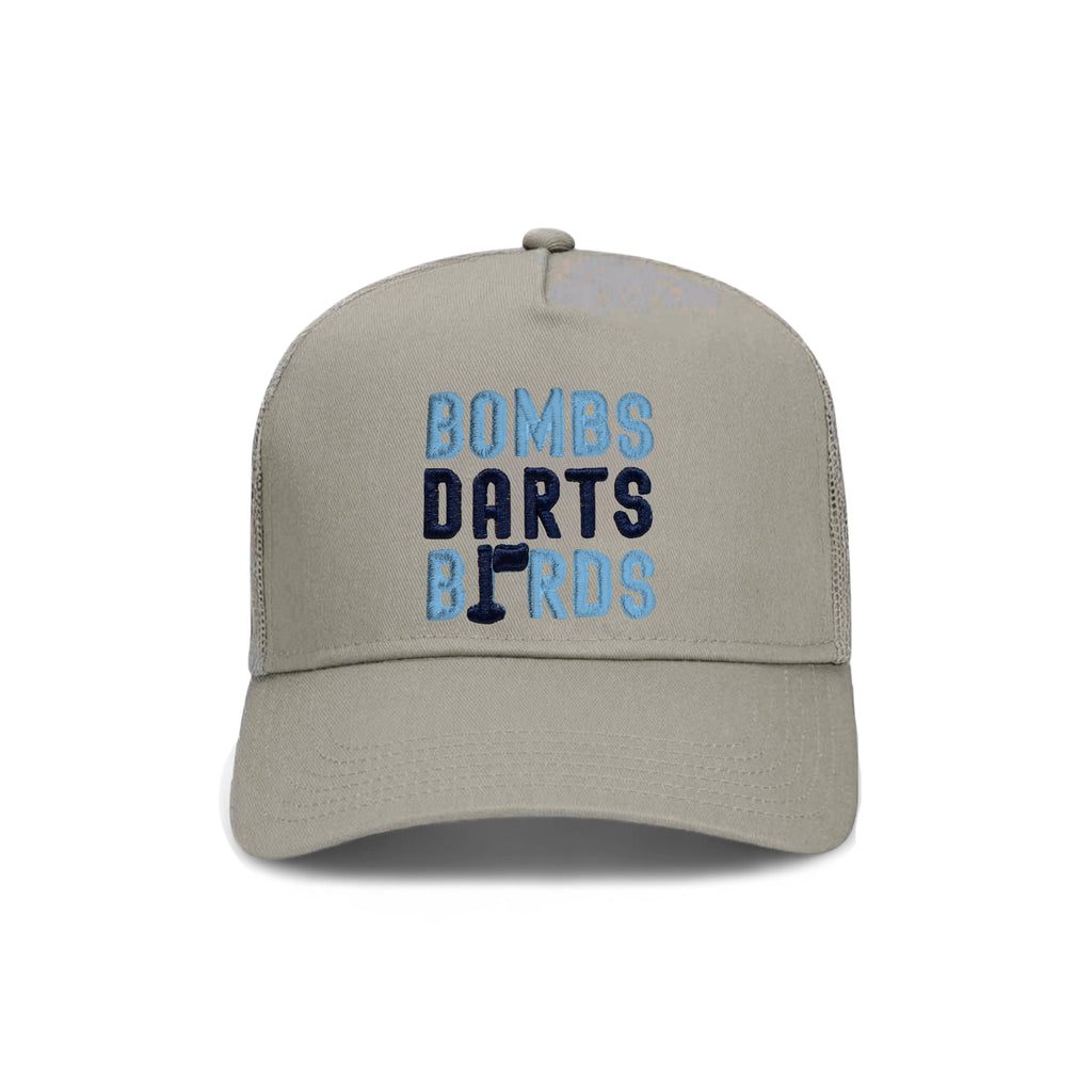 North Carolina Bombs Darts Birds Fandom + Golf Caps - Grey Trucker Hat/Blue - Bombs Darts Birds