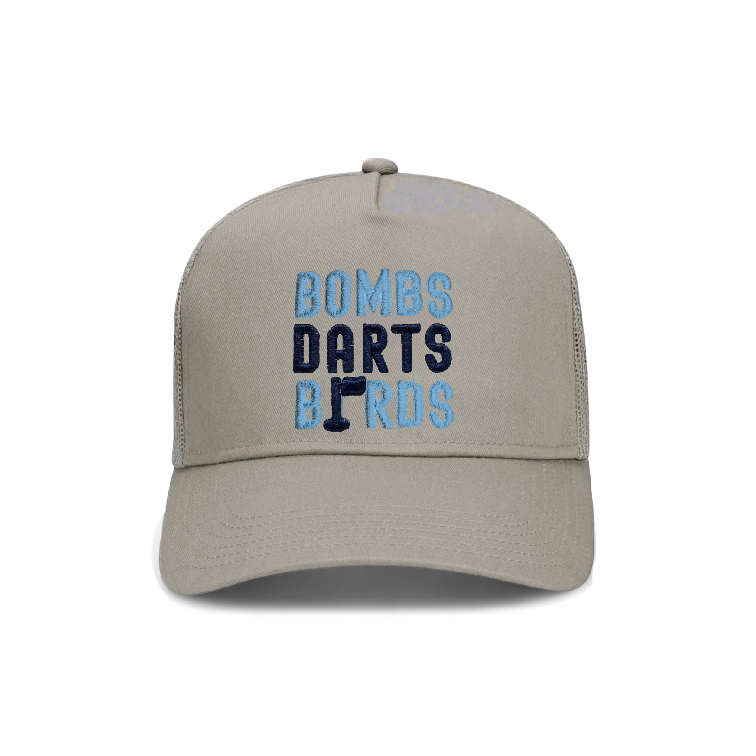 North Carolina Bombs Darts Birds Fandom + Golf Caps - Grey Trucker Hat/Blue - Bombs Darts Birds