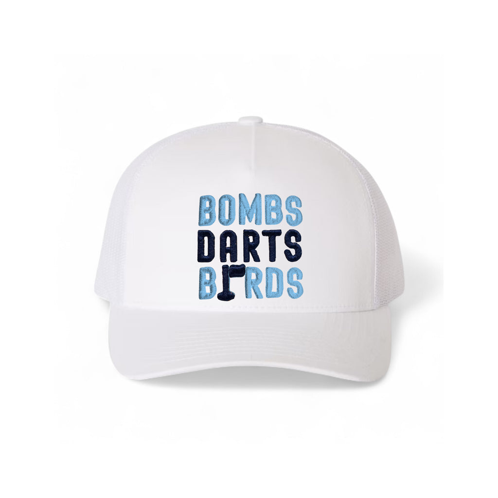 North Carolina Bombs Darts Birds Fandom + Golf Caps - White Trucker Hat/Blue - Bombs Darts Birds