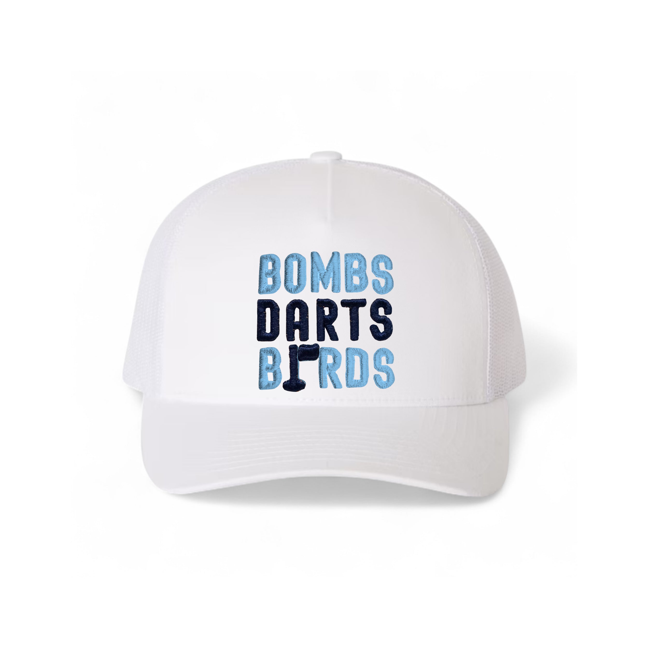 North Carolina Bombs Darts Birds Fandom + Golf Caps - White Trucker Hat/Blue - Bombs Darts Birds