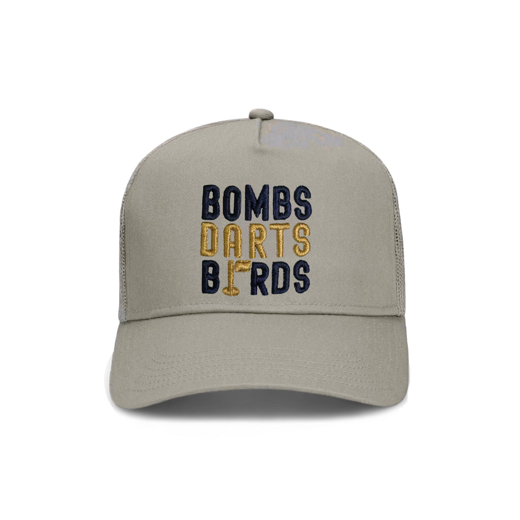 Notre Dame Bombs Darts Birds Fandom + Golf Caps - Grey Trucker Hat/Yellow/Blue - Bombs Darts Birds